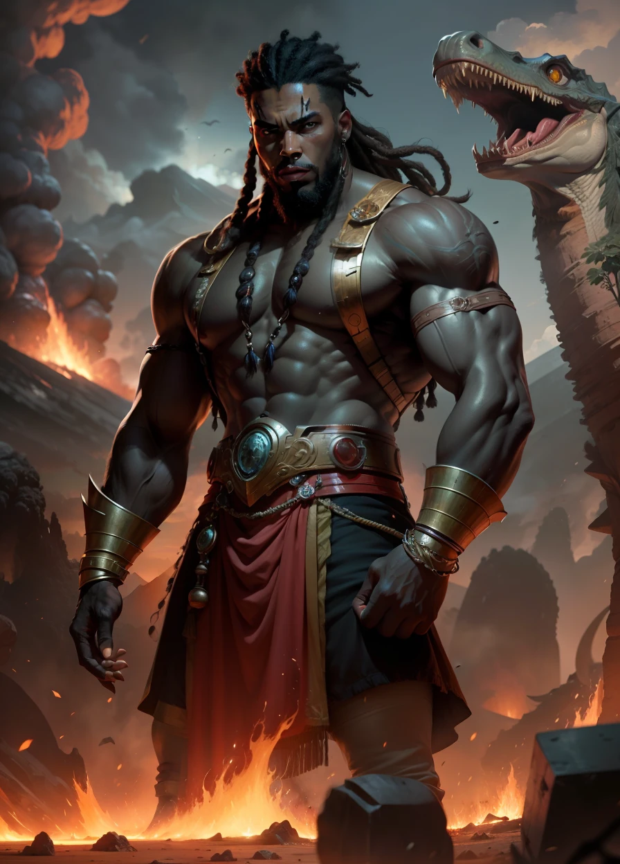 Imagine this art as an African prince of dreadlocks in a Jurassic setting with pterodactyls and erupting volcanoes. --auto
