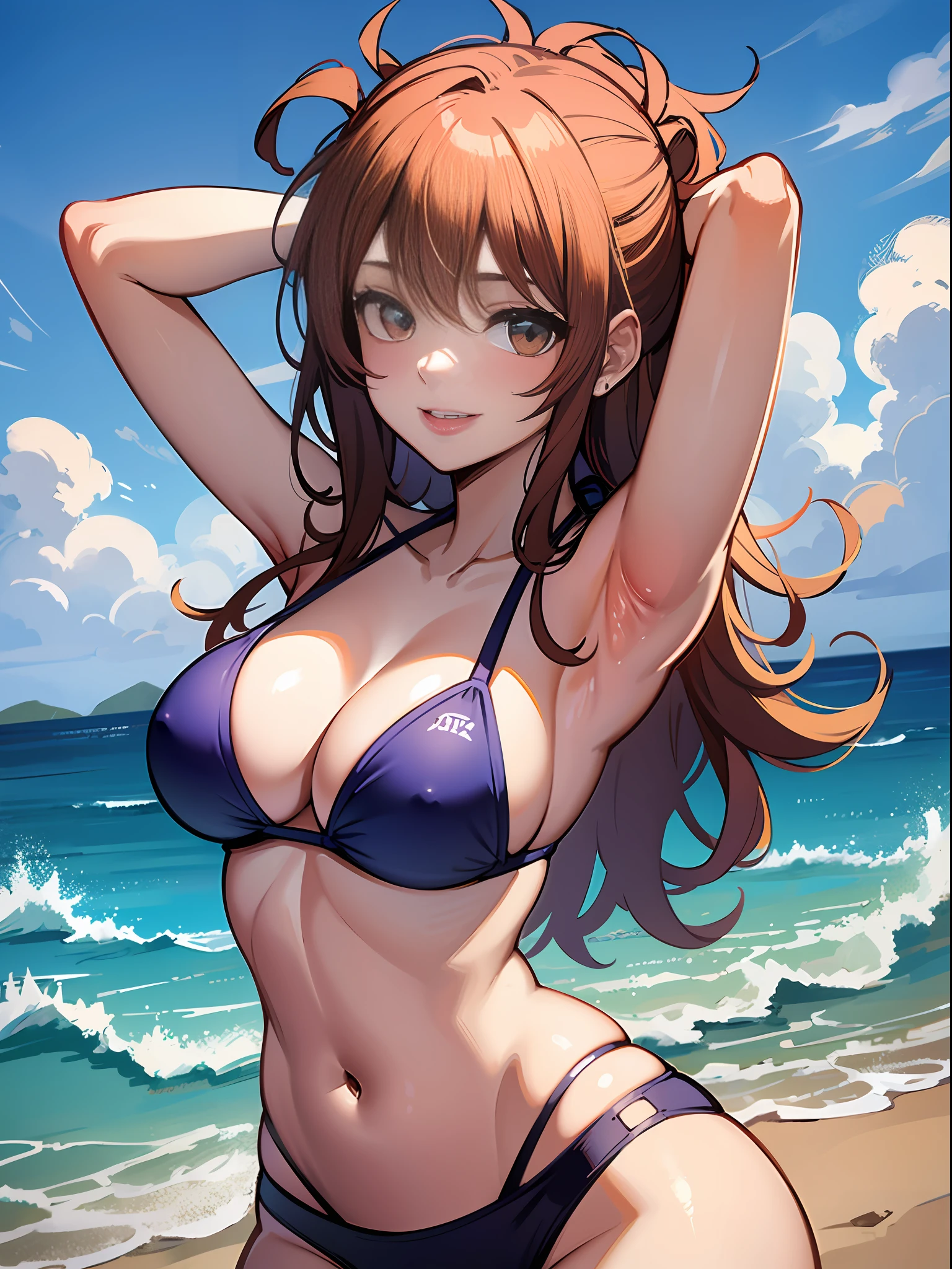 masterpiece、ultra-quality、ultra-detailliert、Perfect drawing、独奏、girl with、Arms raised wide、Open the armpits、Raking up hair、((pretty bikini))、Round and cute buttocks、((bulging bust top))、red blush:(0.2)、perspiring、{{{sun burn:(1.5)}}}、A smile、18year old、blue-sky、cumulonimbus clouds、glowing sun、shores、sand beach、Shot from diagonally below the back、bustup、see -through、beatiful backgrounds、Accurate drawing、Detailed drawing