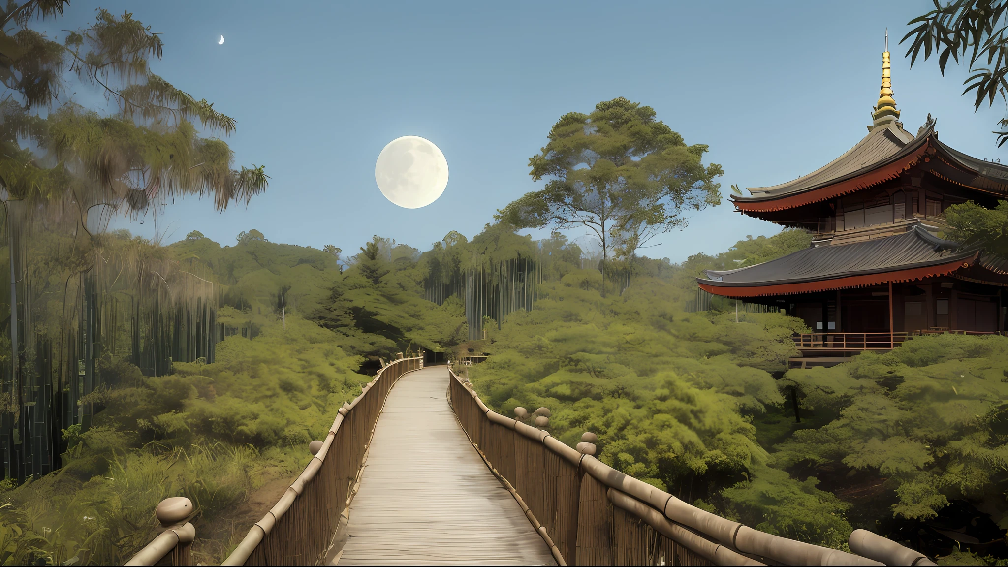 Bamboo forest, path, tree canopy, pagoda temple outside the canopy covered path, pagoda in center of horizon, moon on horizon behind pagoda, night sky