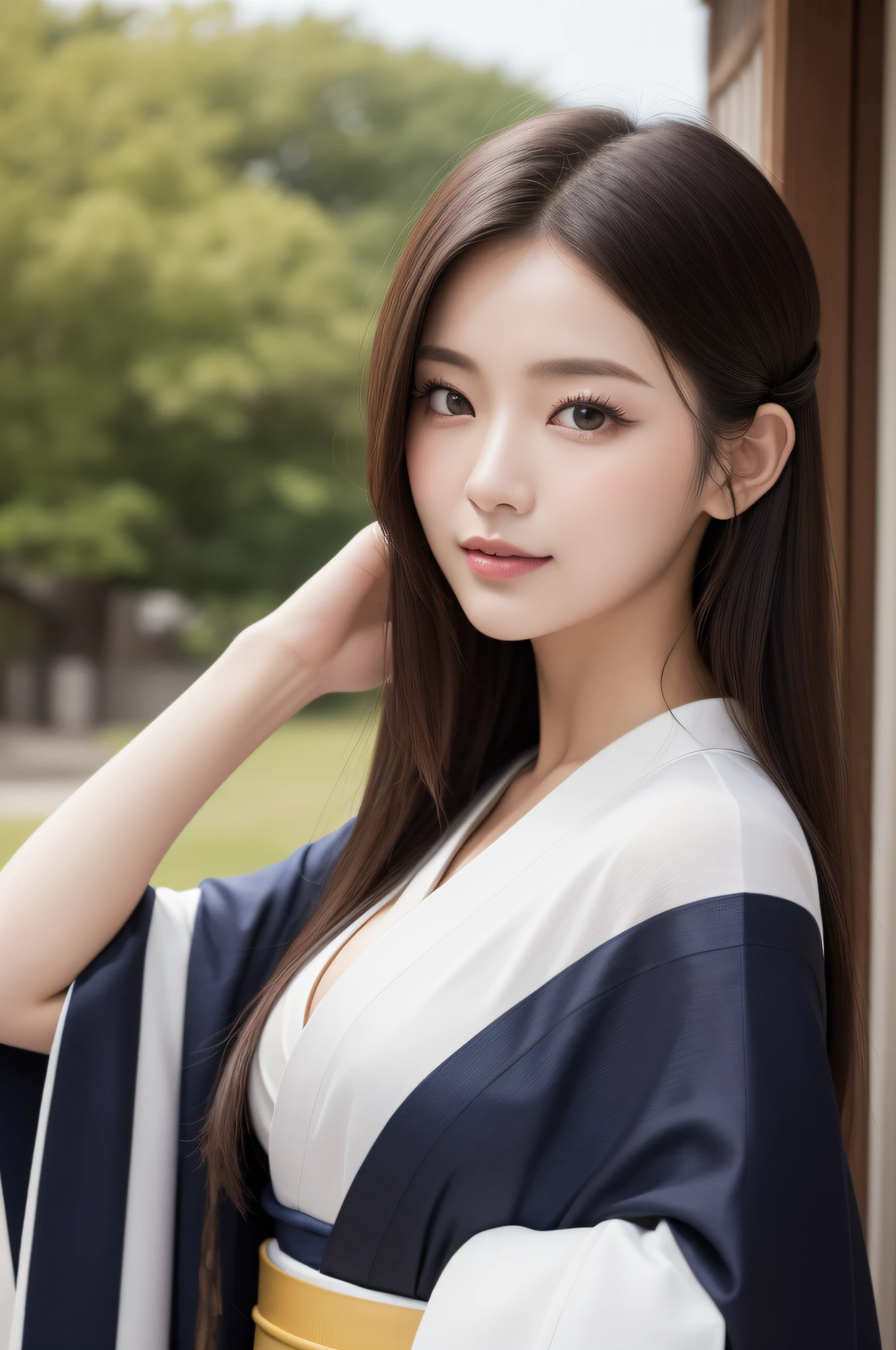 ((top-quality、8K、a masterpiece of:1.3))、foco nítido:1.2、(ultra beautiful faces:1.0)、(Slender Abs Beauty:1.0)、(shinny skin:1.0)、photos realistic、A dark-haired、Video Lighting、High-definition eyes and face、Video Lighting、(cowboy  shot:1.3)、(Kimono、Hakama、Obi:1.4)、(Korean Cute Actress)、Traditional kimono、from the front side、medium large 、A slight smile