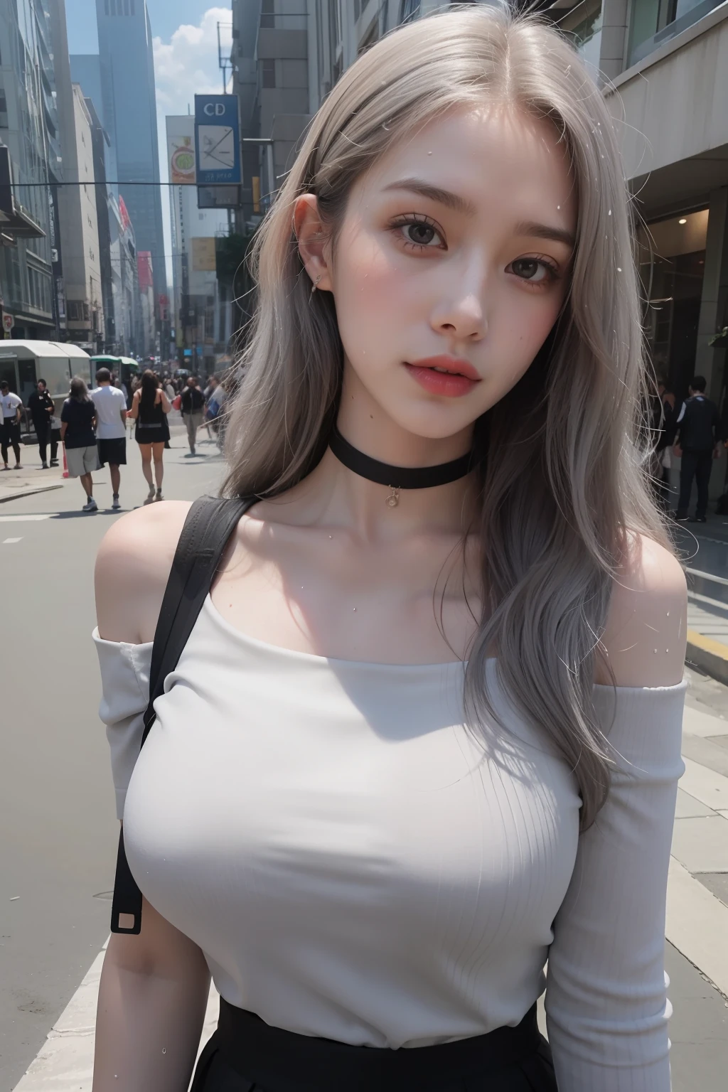 a RAW Photo of girl, (masterpiece:1.1), best quality, ultra high res, high detailed, (photorealistic:1.4), sharp, focus, face detail, (eyebrow piercing:1.1), detailed eyes, detailed face, 1girl, solo, full body, white skin, brown eyes, pink lips, cute, off-shoulder white shirt, black tight skirt, black choker, (faded ash gray hair:1.2), (big breasts:1.1), (sweaty:1.4), looking at viewer, sexy pose, street, crowded around,