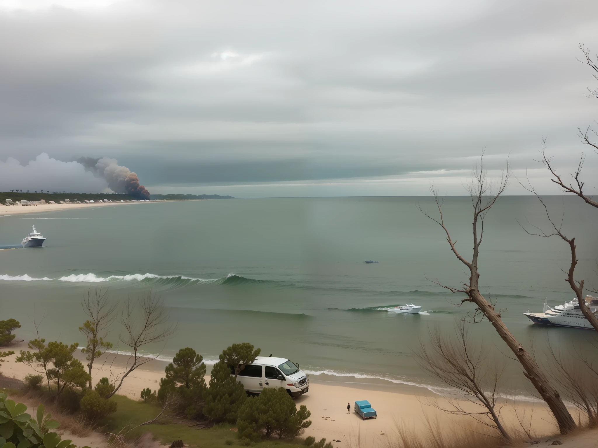 Doomsday style，There are burning cruise ships in the water，There are zombie corpses on the beach --auto