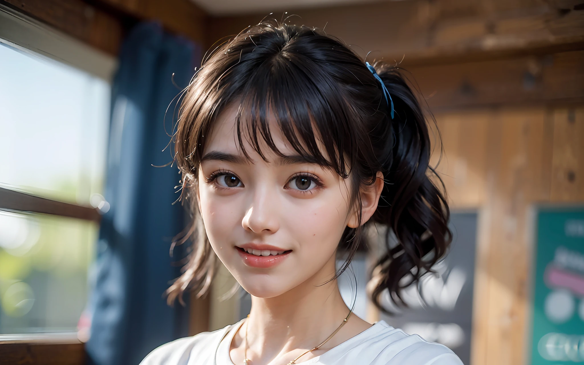 ((​masterpiece))), (((top-quality))), ((ultra-detailliert)), (A hyper-realistic), (High Definition CG Illustration), Cinematic Light, Photorealsitic,Very beautiful 16 years old、((Multiple girls:1.2))、((Composition seen from a distance))、((Good anatomy:1.2))、((White Round Neck T-Shirt、Dark Blue Jersey Long Pants、sneakers:1.2))、in a house、((Gymnasium、Multiple schoolgirls、Close contact and make noise:1.2))、((Bursting smile、delight))、((dark brown hair、Random hair))、A detailed eye、A detailed face、Beautiful skins、tthin eyebrows、Detailed fabric texture、(Bright gymnasium、Multiple students、Random Face、blur backgroun)、Soft light、basketball、Don't expose it、Hair that flutters in the wind
