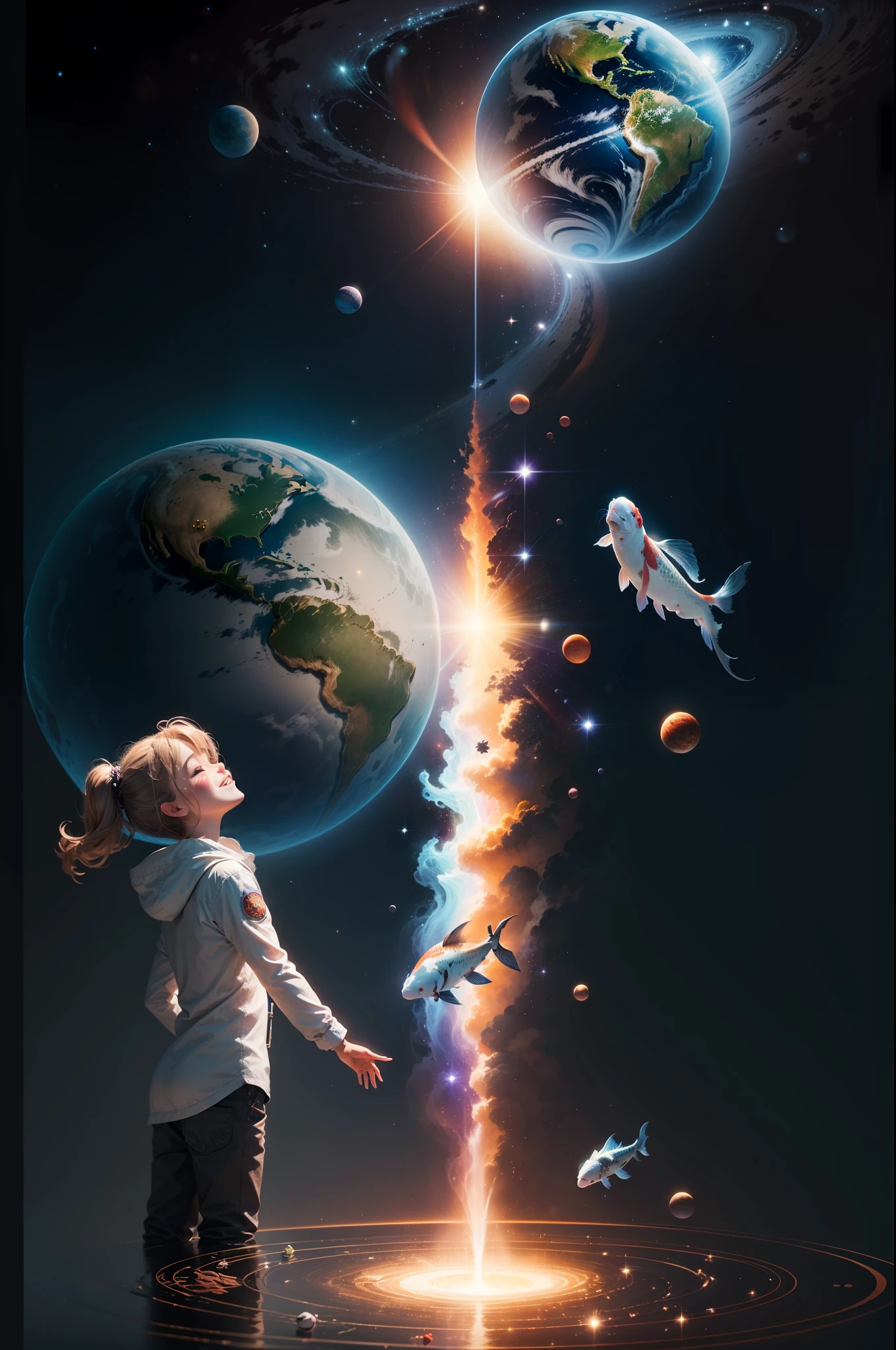Play in space、A smile、A delightful、angelicales、Mystical、Shines、optic、planetes、planet earth、heart mark、Koi、high-level image quality 、I love the earth 、Bright background 、departure --auto