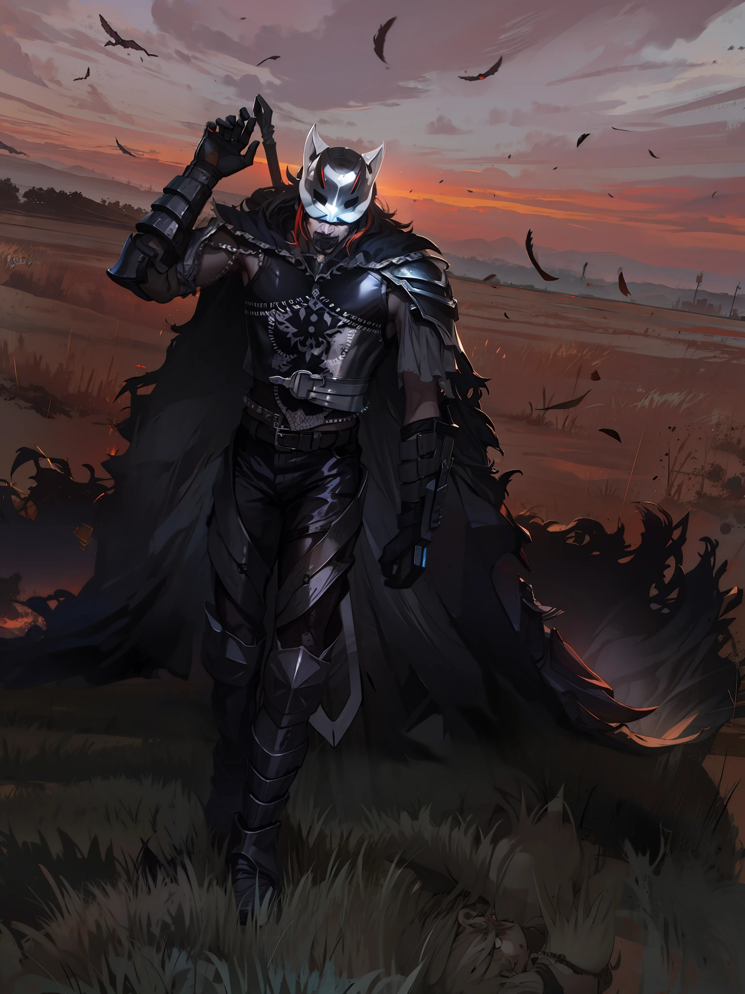 Lobo de metal, espada nas costas,4k, olhos vermelhos, armadura negra