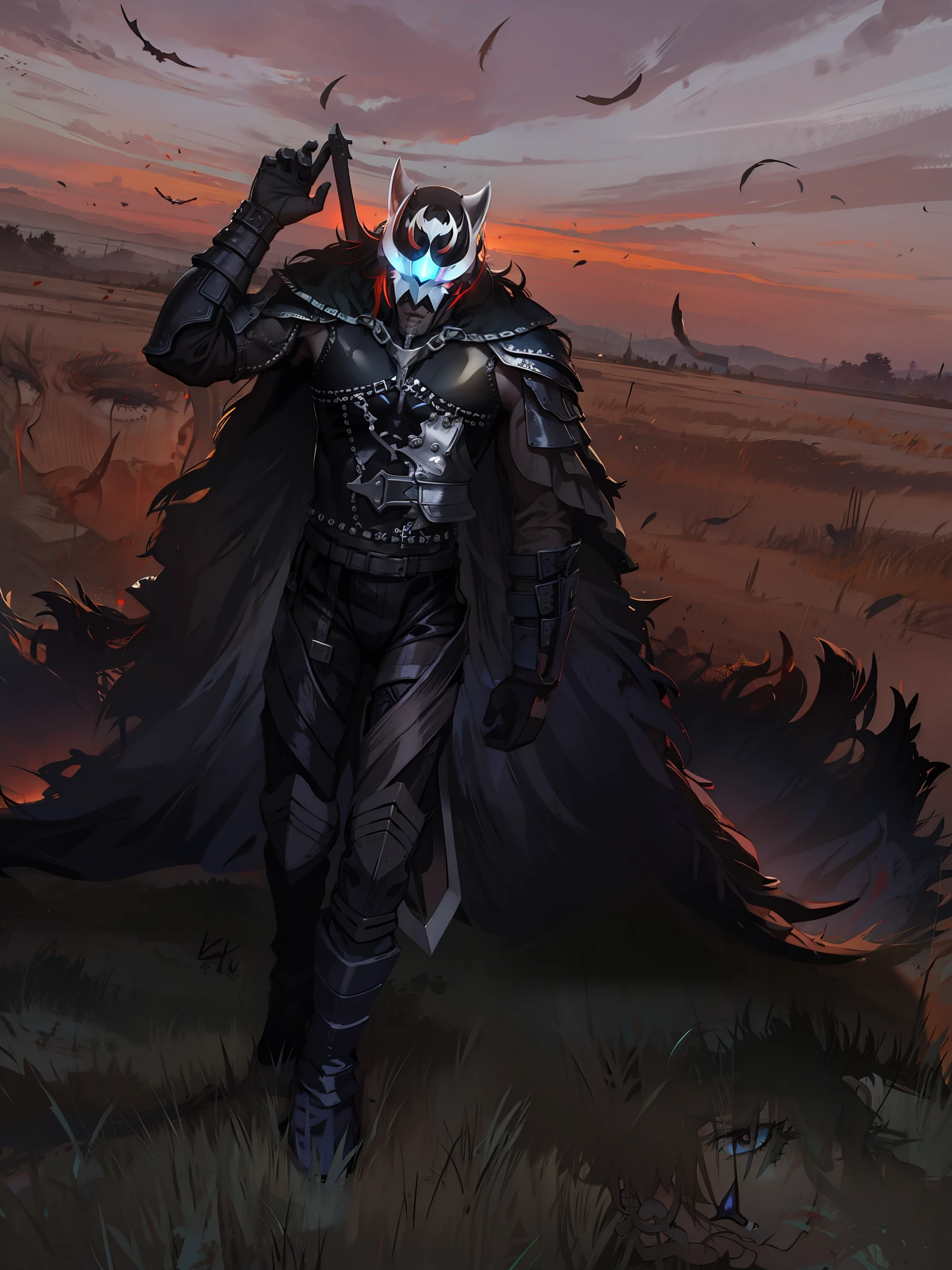 Lobo de metal, espada nas costas,4k, olhos vermelhos, armadura negra