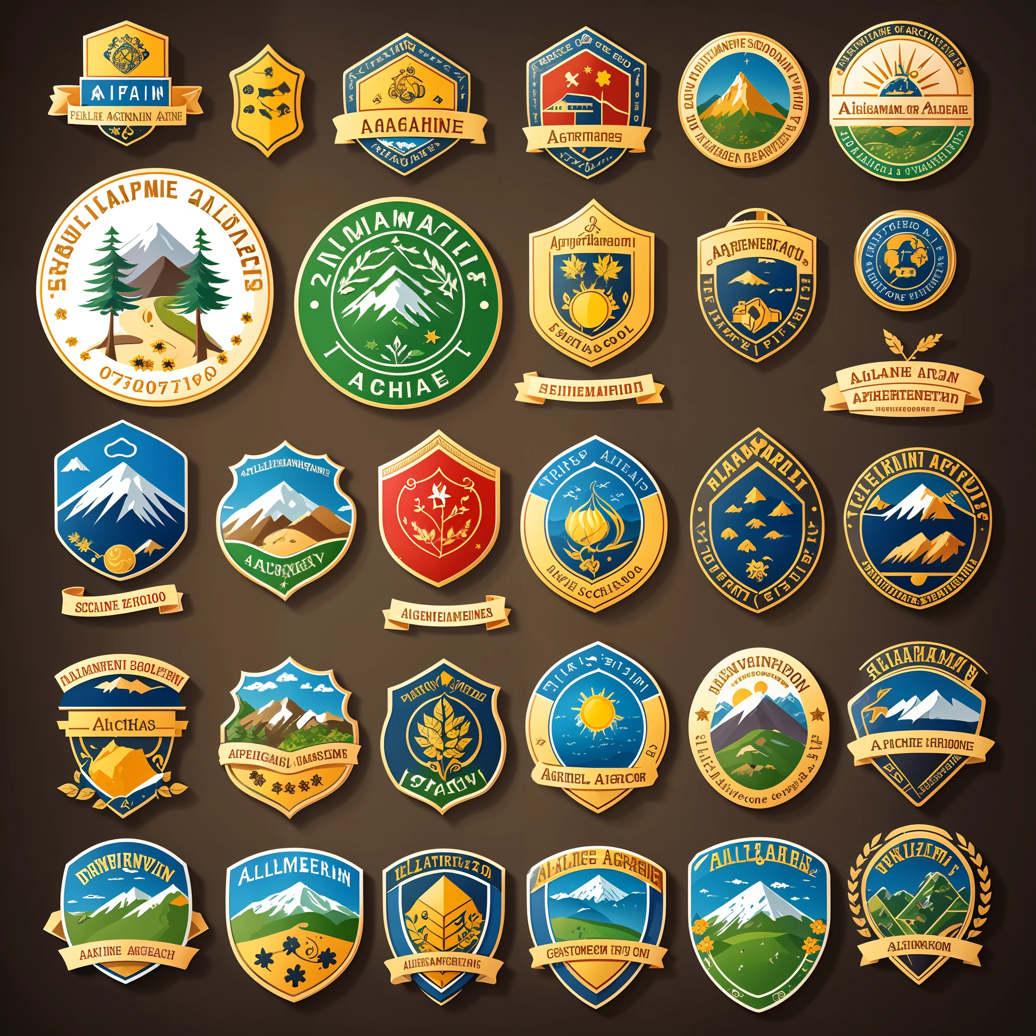 school badge,There are alpine elements,There are agricultural elements,round form,designs。