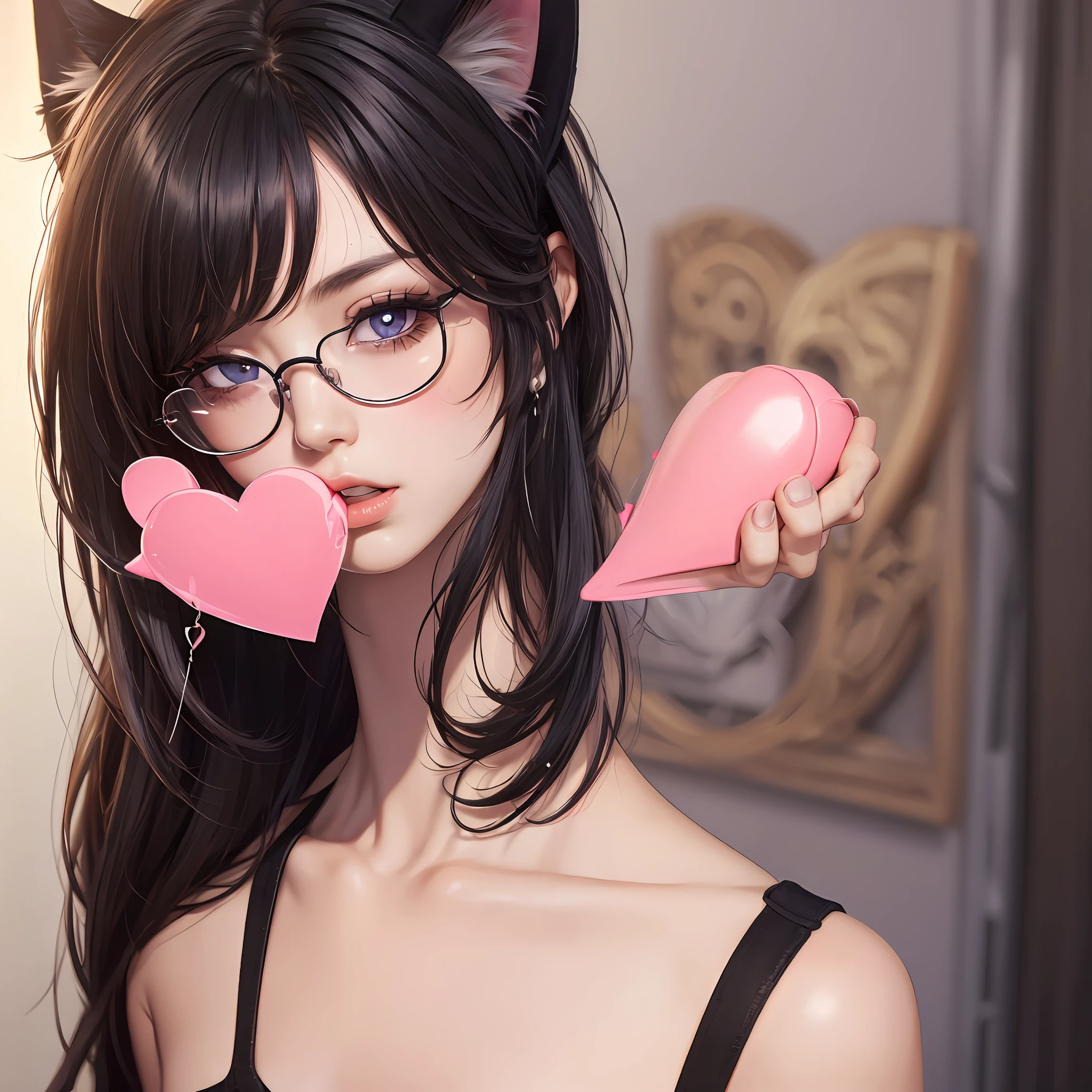 black hair, hair over shoulder, bell, rimless eyewear, heart-shaped pupils, cat ears, blush, heart in eye, naughty, saliva trail, Surrealism, 8k, super detail --auto