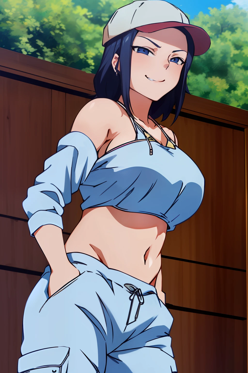 anime screencap 1girl, solo, tomboy, upper body, hat, smirking, from below, hoodie, cargo shorts, looking at viewer, dynamic pose, street clothing, chibi, hand in pocket,, masterpiece, mini bikini, thin, big breasts, best quality, (absurdres:1.1), masterpiece, best quality