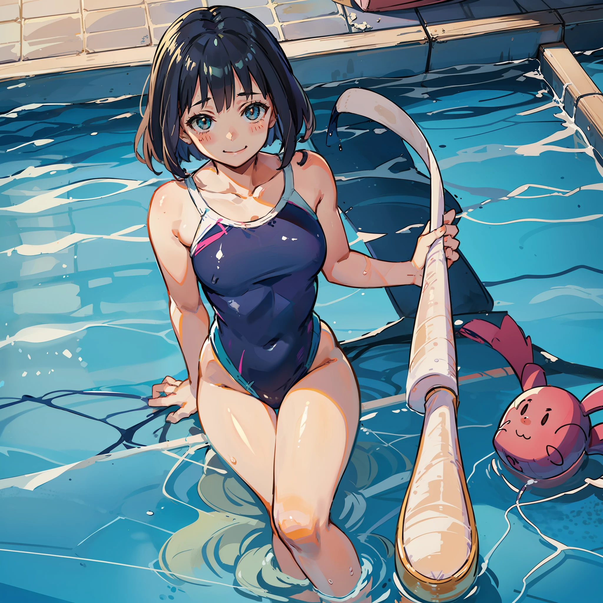 hi-school girl、　a beauty girl　a short bob、sano　A smile、swimmning、Inter-High、Competitive swimsuit、in poolside、Swimming pool、High Leg Competitive Swimsuit、Half-undressed、