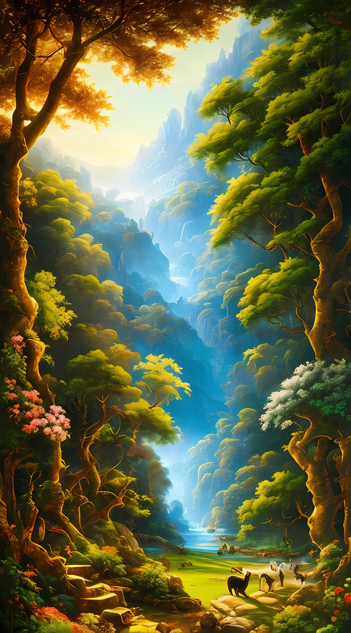 imagem masterpiece, best quality | a beautiful garden of Eden full of trees, colorful flowers and animals around Adam and Eve | soft-lighting, natural imagination, High Definition Painting, cores suaves e textura rica, detalhes intrincados