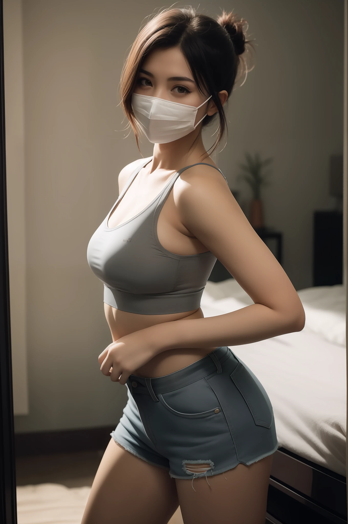 There is a woman with a mask on her face posing for a photo, partially masked, wearing face mask, Wearing a mask, posing in the bedroom, wearing a bra, exposed midriff, beautiful midriff, mask off, bralette, wearing sexy cropped top, fit dainty figure, 2 4 year old female model, Her navel was exposed