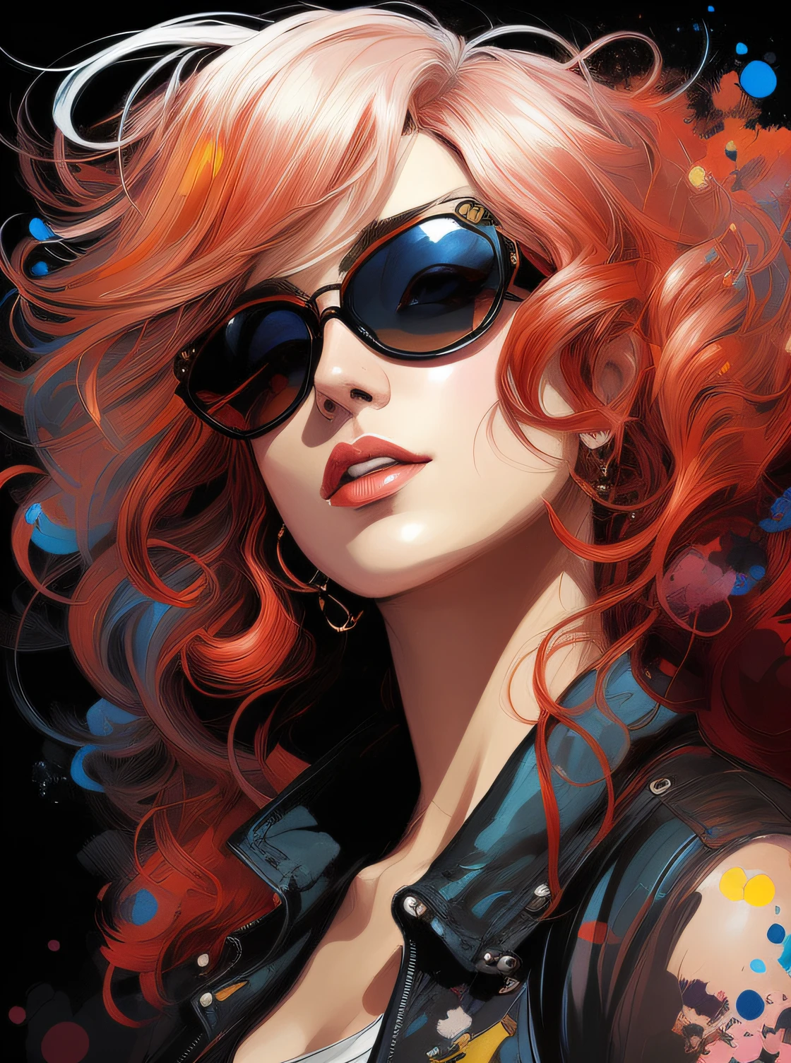 a painting of a woman with red hair and sunglasses, beautiful comic art, art of alessandro pautasso, style of raymond swanland, artgerm style, artgerm colorful!!!, persona 5 art style wlop, stunning art style, artgerm and james jean, exquisite digital illustration, glossy digital painting, beautiful digital artwork, a beautiful artwork illustration