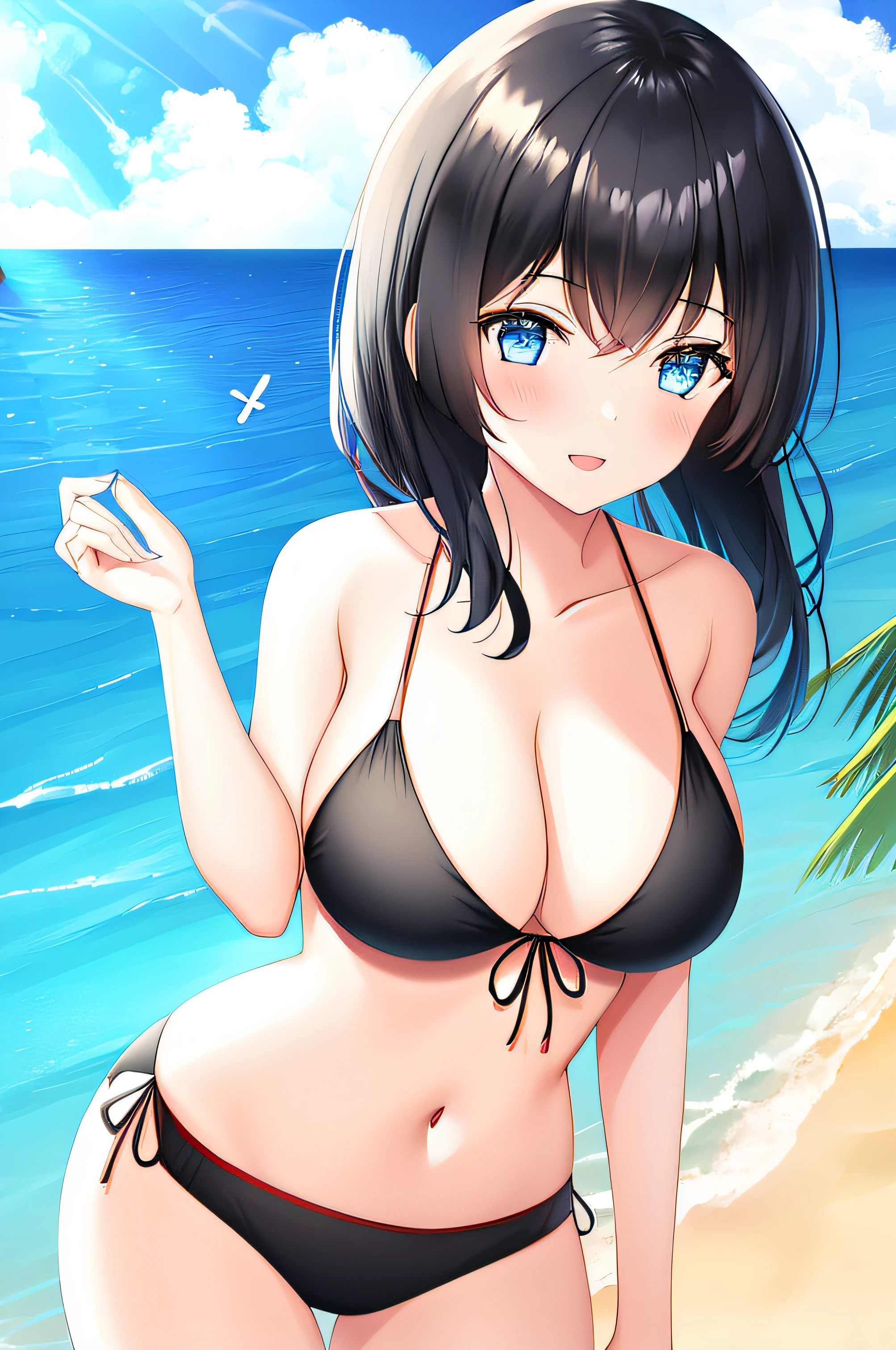 1girl in,Black hair,  Beach,