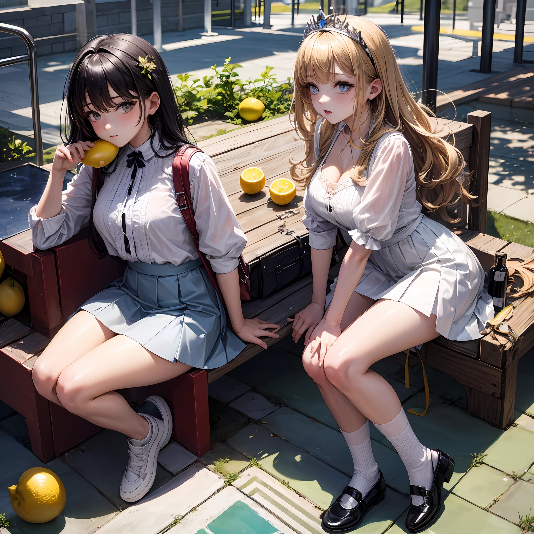 tmasterpiece,Fine,1girl,Long hair waist-length,White color blouse,pleatedskirt,Beth,White board shoes,largeeyes,Yellow pupil,Pass a bottle of water forward,Wear a lemon tiara,Playground background --auto