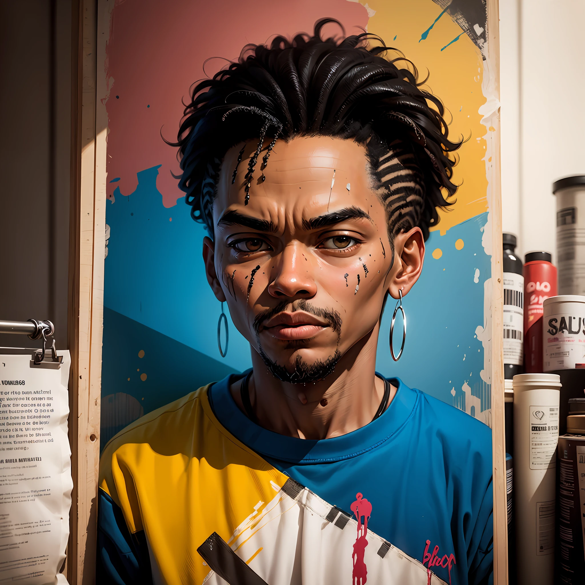 Argilitization mixed media collage, pintura rosto de um homem com uma paisagem urbana ao fundo, Paisagem urbana em estilo de Basquiat, inspirado em Jean Micheal Basquiat, inspirado em Jean-Michel Basquiat, face abstrata, inspirado em Saul Steinberg, estilo de arte outsider, inspirado em Gary Panter, retrato abstrato, inspirado em Pierre Alechinsky --auto