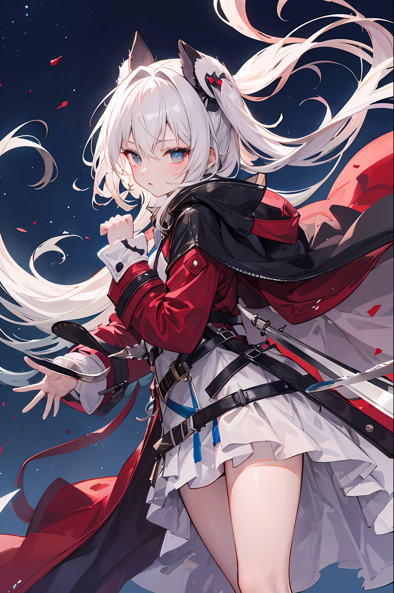 1girl，nightcity，Sateen，coat large，Both hands carry long knives