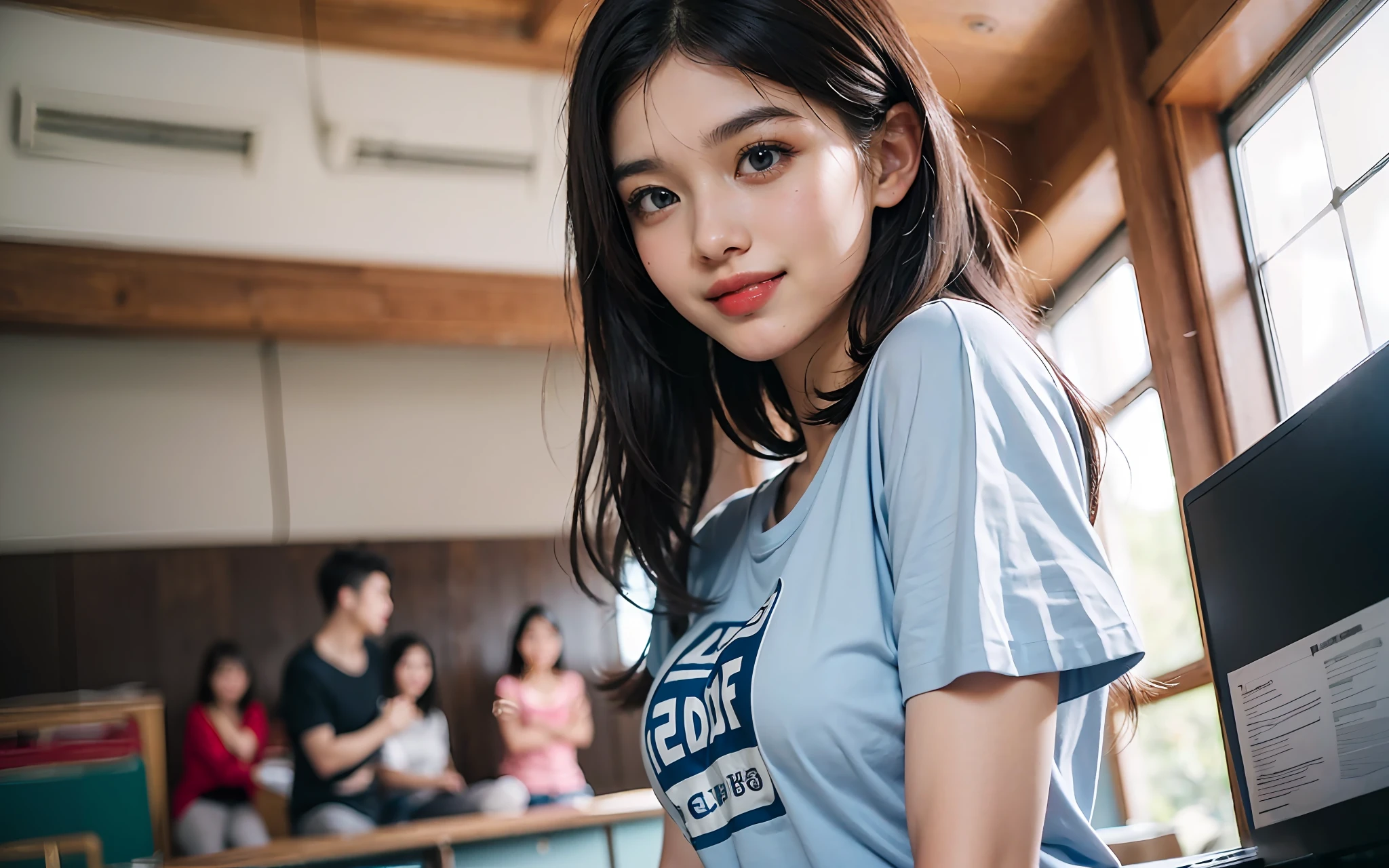 ((​masterpiece))), (((top-quality))), ((ultra-detailliert)), (A hyper-realistic), (High Definition CG Illustration), Cinematic Light, Photorealsitic,Very beautiful 16 years old、((Multiple girls:1.2))、((Composition seen from a distance))、((Good anatomy:1.2))、((White Round Neck T-Shirt、Dark Blue Jersey Long Pants、sneakers:1.2))、in a house、((Gymnasium、Multiple schoolgirls、Close contact and make noise:1.2))、((Bursting smile、delight))、((dark brown hair、Random hair))、A detailed eye、A detailed face、Beautiful skins、tthin eyebrows、Detailed fabric texture、(Bright gymnasium、Multiple students、Random Face、blur backgroun)、Soft light、basketball、Don't expose it、Hair that flutters in the wind