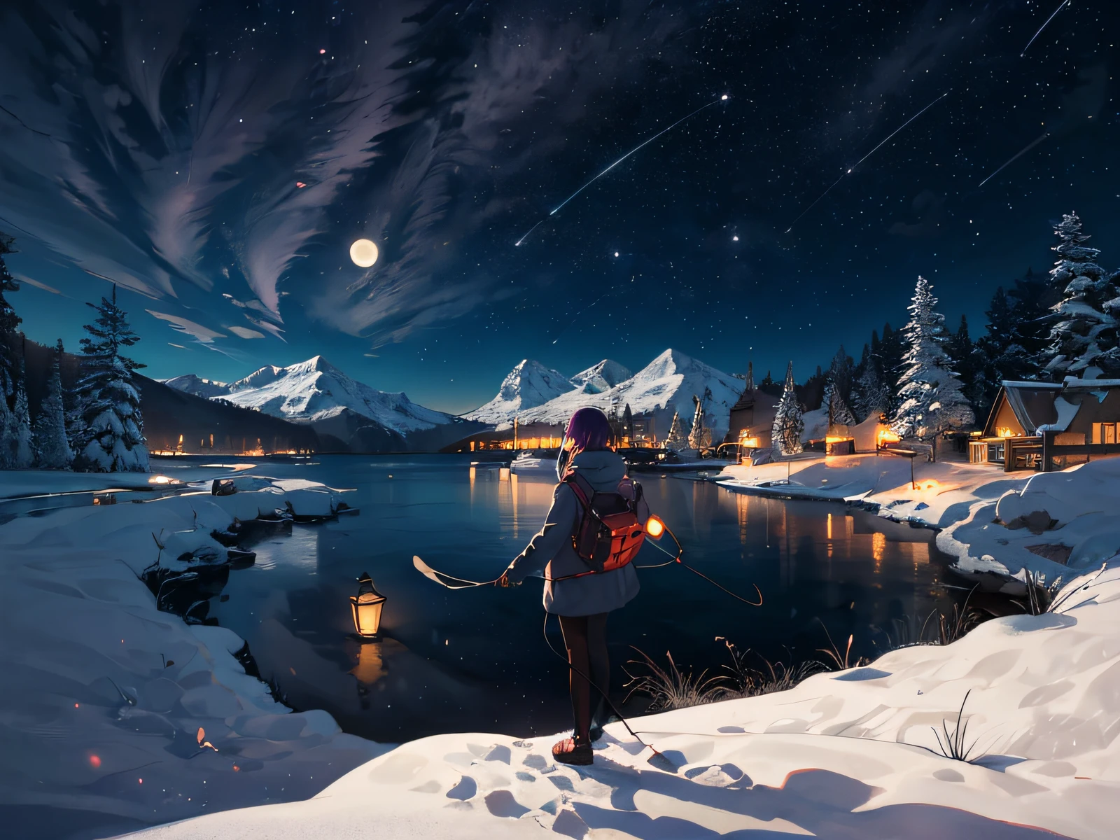 Expansive landscape photograph,(look from down,Above is the sky,Open water below),A girl stands on the water and looks up,The characters are highly detailed,(moon full:1.2),(meteors:0.9),(Starcloud:1.3),Snowy mountains in the distance, Tree BREAK making art,(Warm light source:1.2),(glowworm:1.2),lamp lights,Lots of purple and orange,Complicated details,Volumetriclighting,Realism BREAK(tmasterpiece:1.2),(best qualtiy),4K,Ultra-detailed,(dynamic compositions:1.4),The is very detailed,Colorful details,(Irridescent color:1.2),(luminouslighting,Atmospheric lighting),dream magical,magical,(独奏:1.2)