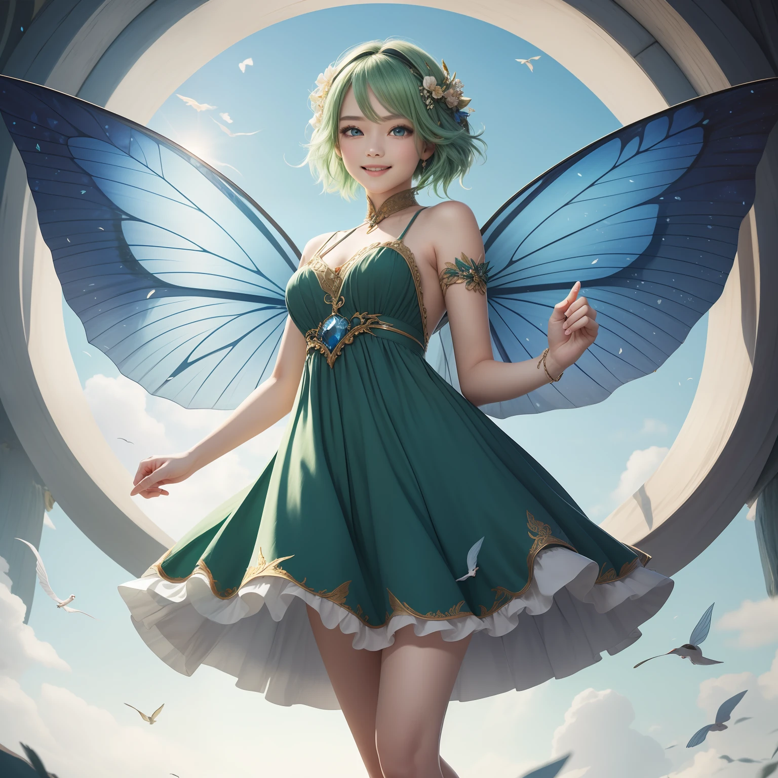 (masterpiece)8K分辨率、top-quality、Fairy of the Wind Frolicking with Birds、green colored hair、Blue eyes、Hazel eyes、Delicate full-body image、fantasy-inspired、Gentle smile、No chemomimi、Dress Hemation