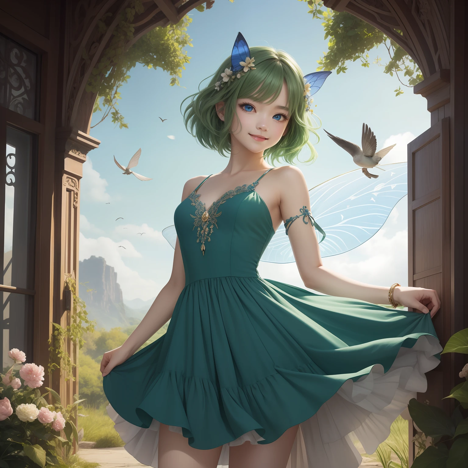 (masterpiece)8K分辨率、top-quality、Fairy of the Wind Frolicking with Birds、green colored hair、Blue eyes、Hazel eyes、Delicate full-body image、fantasy-inspired、Gentle smile、No chemomimi、Dress Hemation
