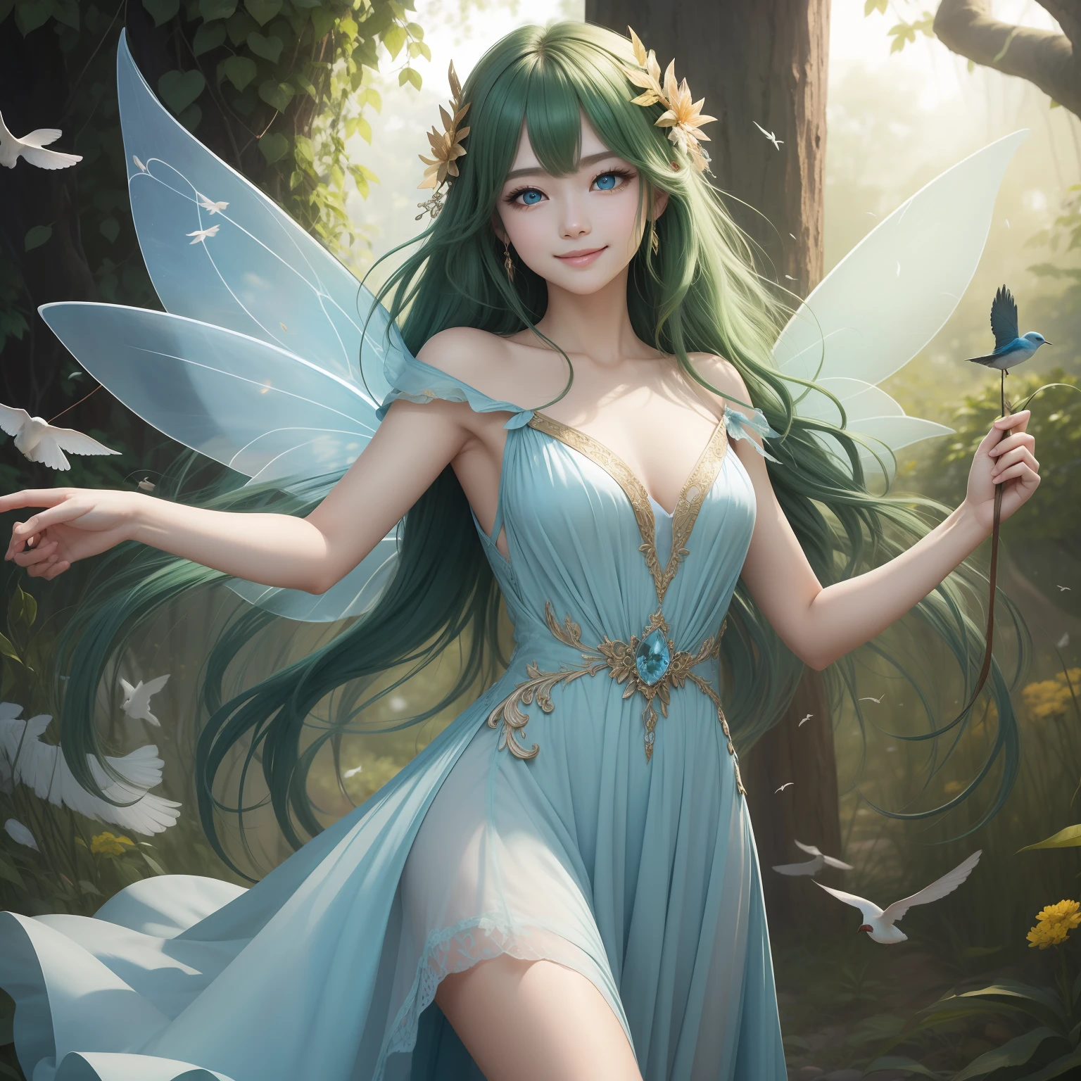 (masterpiece)8K分辨率、top-quality、Fairy of the Wind Frolicking with Birds、green colored hair、Blue eyes、Hazel eyes、Delicate full-body image、fantasy-inspired、Gentle smile、No chemomimi、Dress Hemation