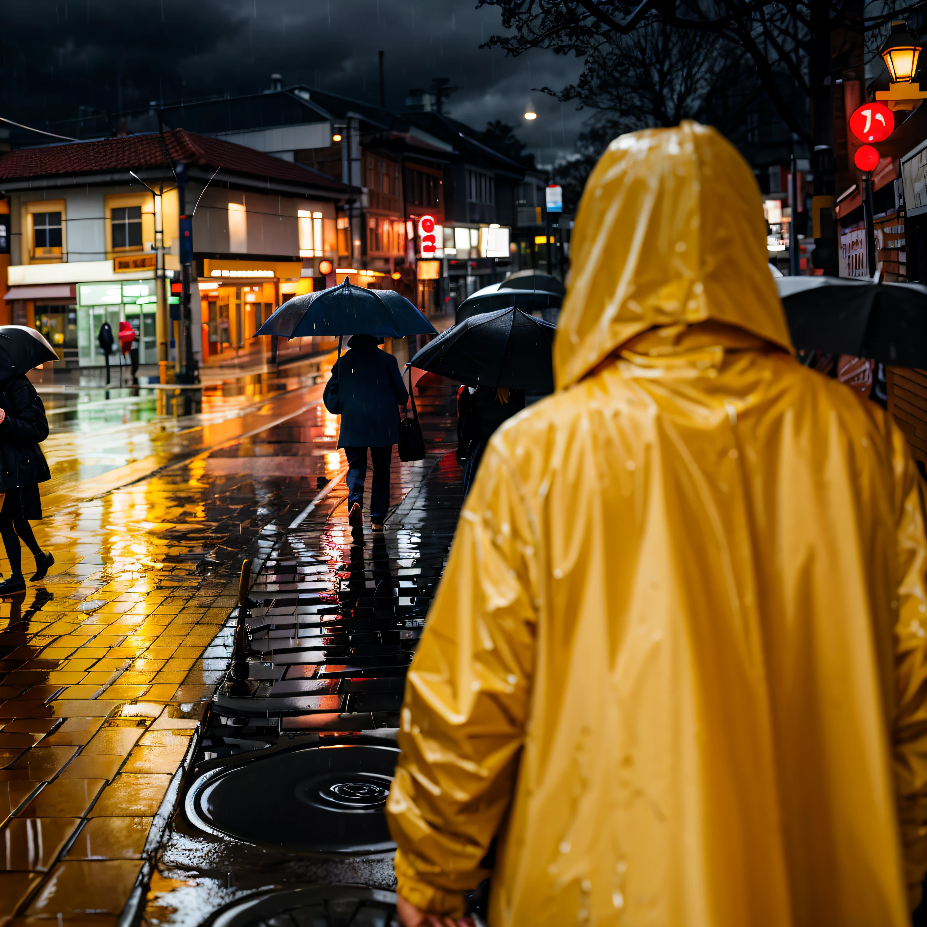 People walk the streets in the rain with umbrellas, Yellow raincoat, rainy street, rainy urban streets, rainy evening, reflections on wet streets, rainy night city street, author:Tobias Stiller, Rainy atmosphere, rainy evening, busy wet street at night, Wet streets, author:Christofo Zefarovich, rainy and gloomy atmosphere