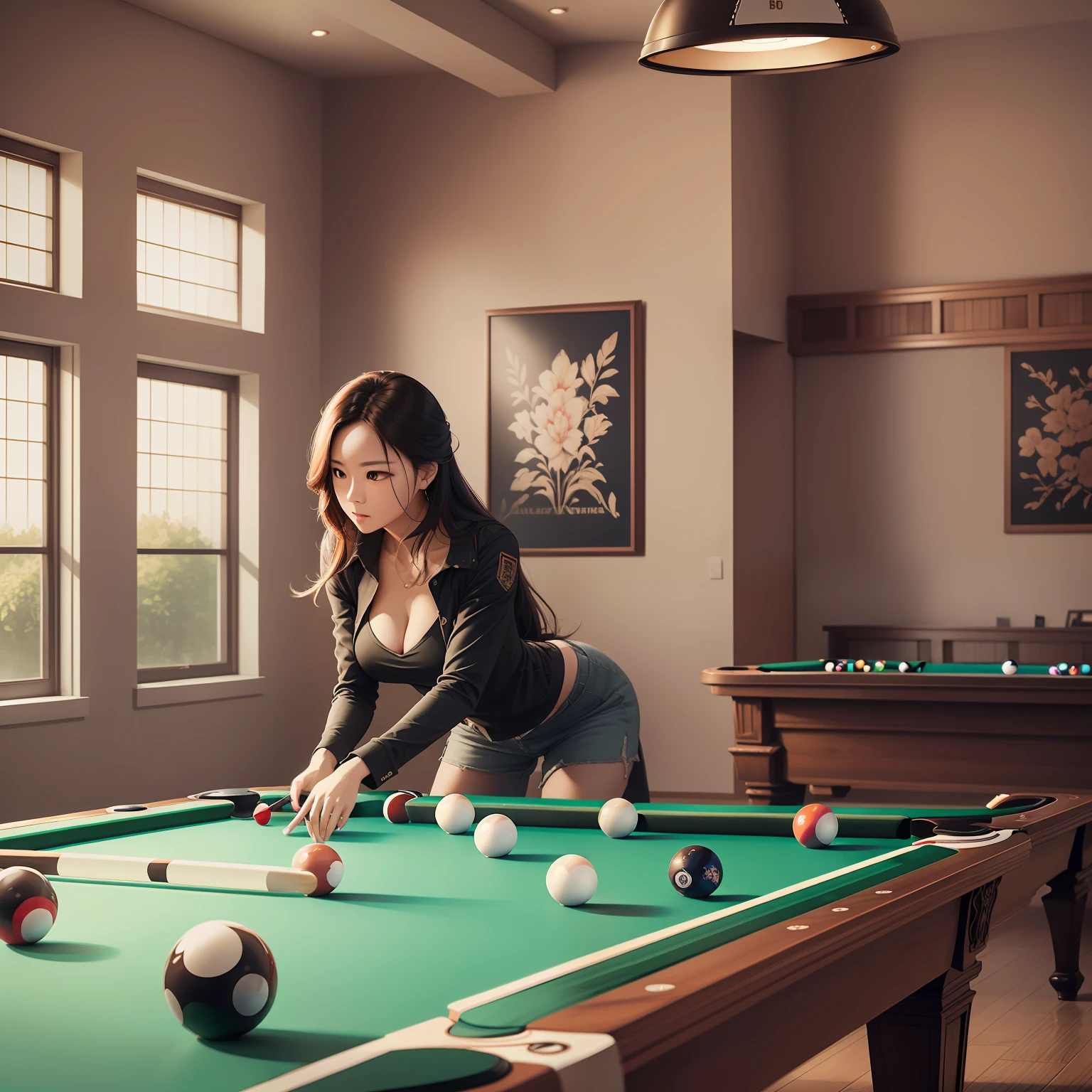 tmasterpiece, Best Picture Quality, extreme hight detail, femele, white  shirt, billiards,Naturally bend,Cool feeling, Dynamic shooting from different angles, Beautiful light and shadow, Strong layering, Extreme composition, The visual impact is strong, Extremely high line contrast。 --auto