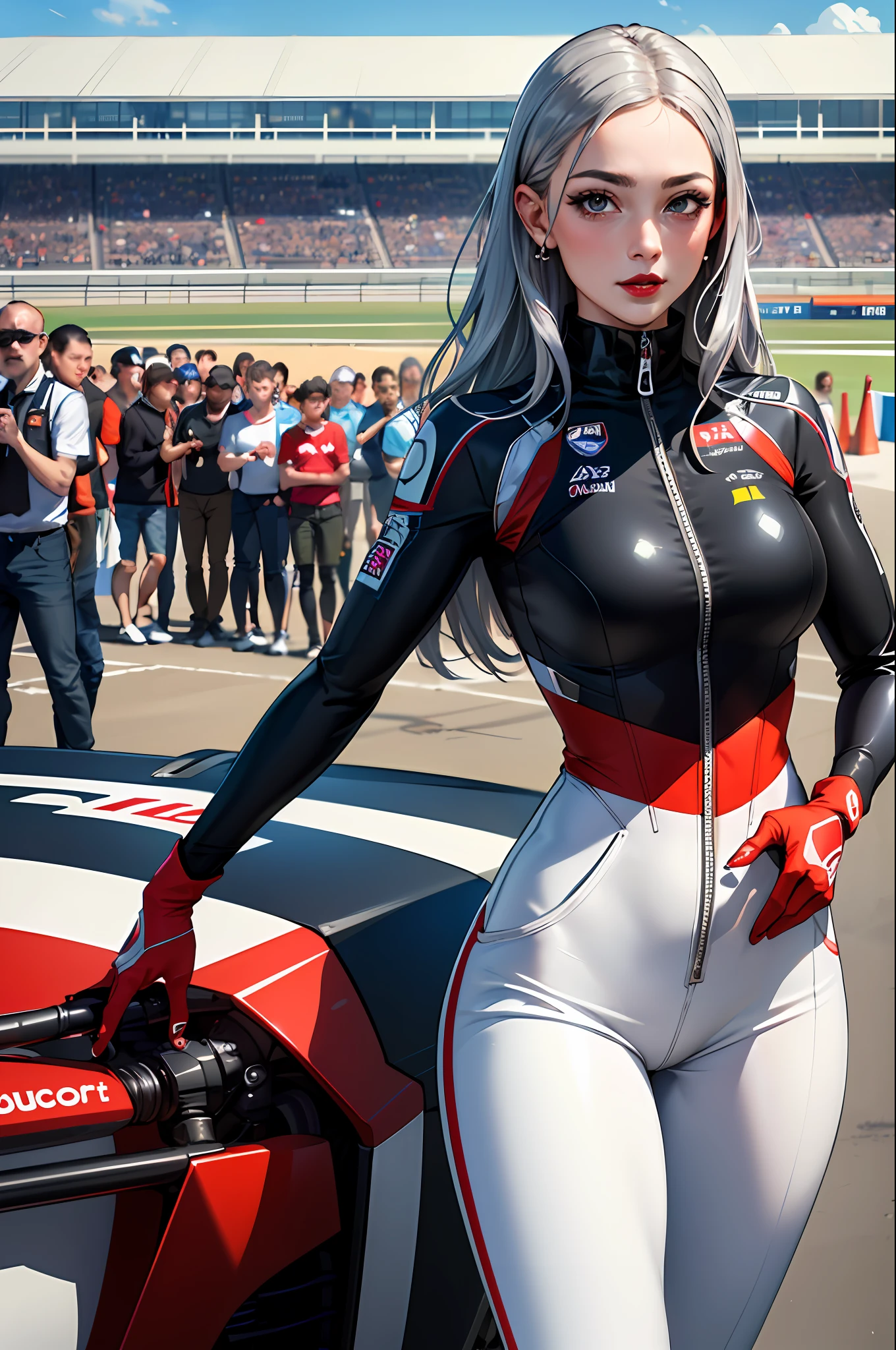 (​masterpiece:1.4)、(top-quality:1.4)、
1girl in, Bewitching Grid Girl, Long silver hair, looking at the viewers, 独奏 ,realisitic,(shinny skin),(​masterpiece:1.4),(top-quality:1.4),red-lips、Racetrack