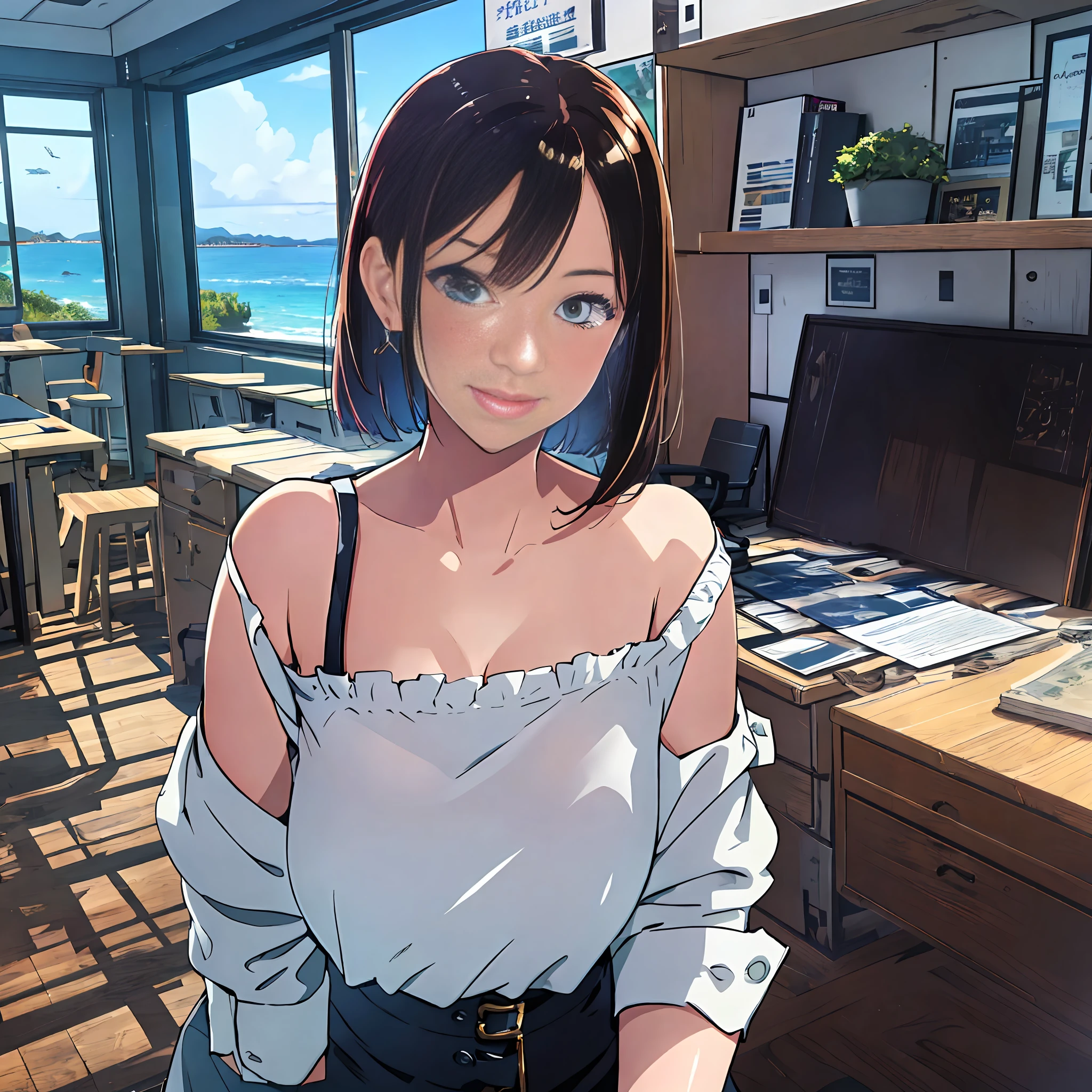 One girl, masterpiece, top quality, realistic, realistic, seductive light smile, short shoulder-length hair, loose business shirt, attractive eyes, in a modern office (floor-to-ceiling window with ocean view), (28 years old), , very detailed, full body