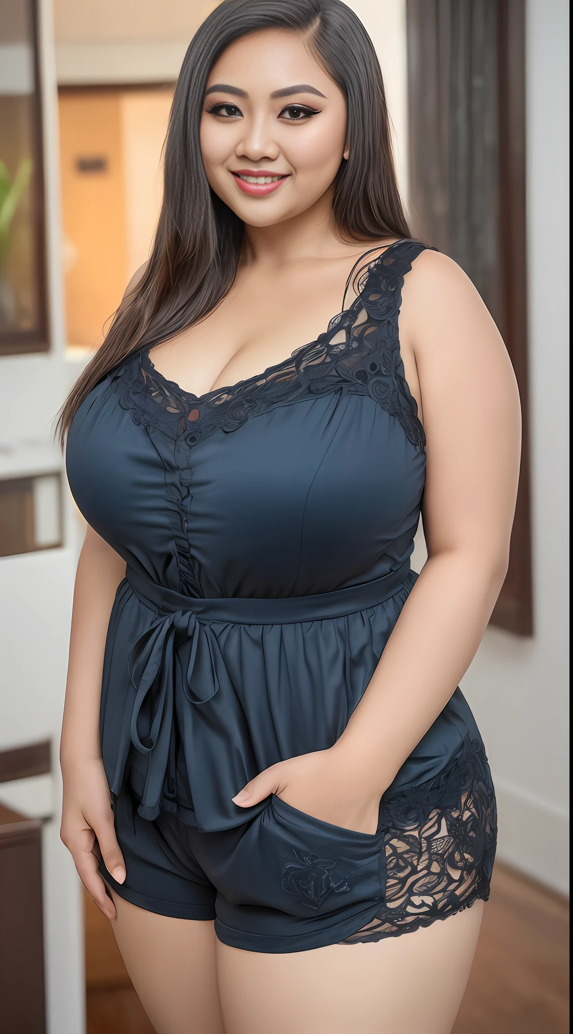 (masterpiece photography of a solo:1.2) (full body) alluring sexy curvy (27 yr old) Sundanese Supermodel (WDR) warrier walking in style on Poris, Tangerang street, curvy, voluptuous, busty, thick, chubby, large breast, cleavage, sexy, exotics, (wearing crusted sexy shirt & embroidered shorts:1.3). hip hop energy, maximalism, (heavily tattooed:1.3), (sundanese makeup & jewelry:1.2) long brown hair with highlights,, vivacious, lustful glance, exhilarated (beautiful detailed eyes:1.1) , (flirty bright smile:1.2), blingy shopping district,(intense dramatic light:1.4), backlit, light rays, highly detailed, trending on artstation, paint splashes, rich colour, dazzling lights all around, (perfect brunette hairstyles), abstract portrait, by Atey Ghailan