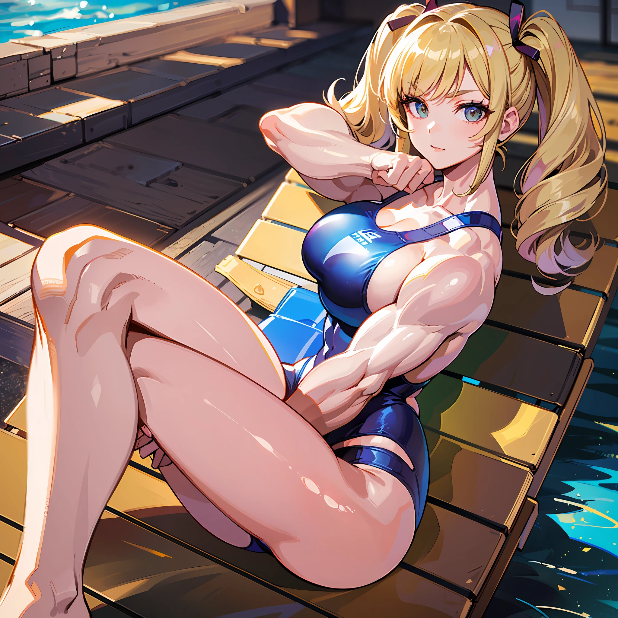 ((masterpiece))、((Top image quality))、((Top image quality))、(Illustration of one woman)、(((Muscle Girl)))、full bodyesbian、((30-years old))、((neuter))、((Blonde twintails))、Light golden eyes、((Long body))、(((Muscular and strong body)))、(((Muscular and strong body)))、((Split abs))、(((muscular and thick arms)))、(((muscular and thick legs)))、((manspreading))、opening legs、((Competitive swimsuit))、Sitting on a deck chair、in poolside