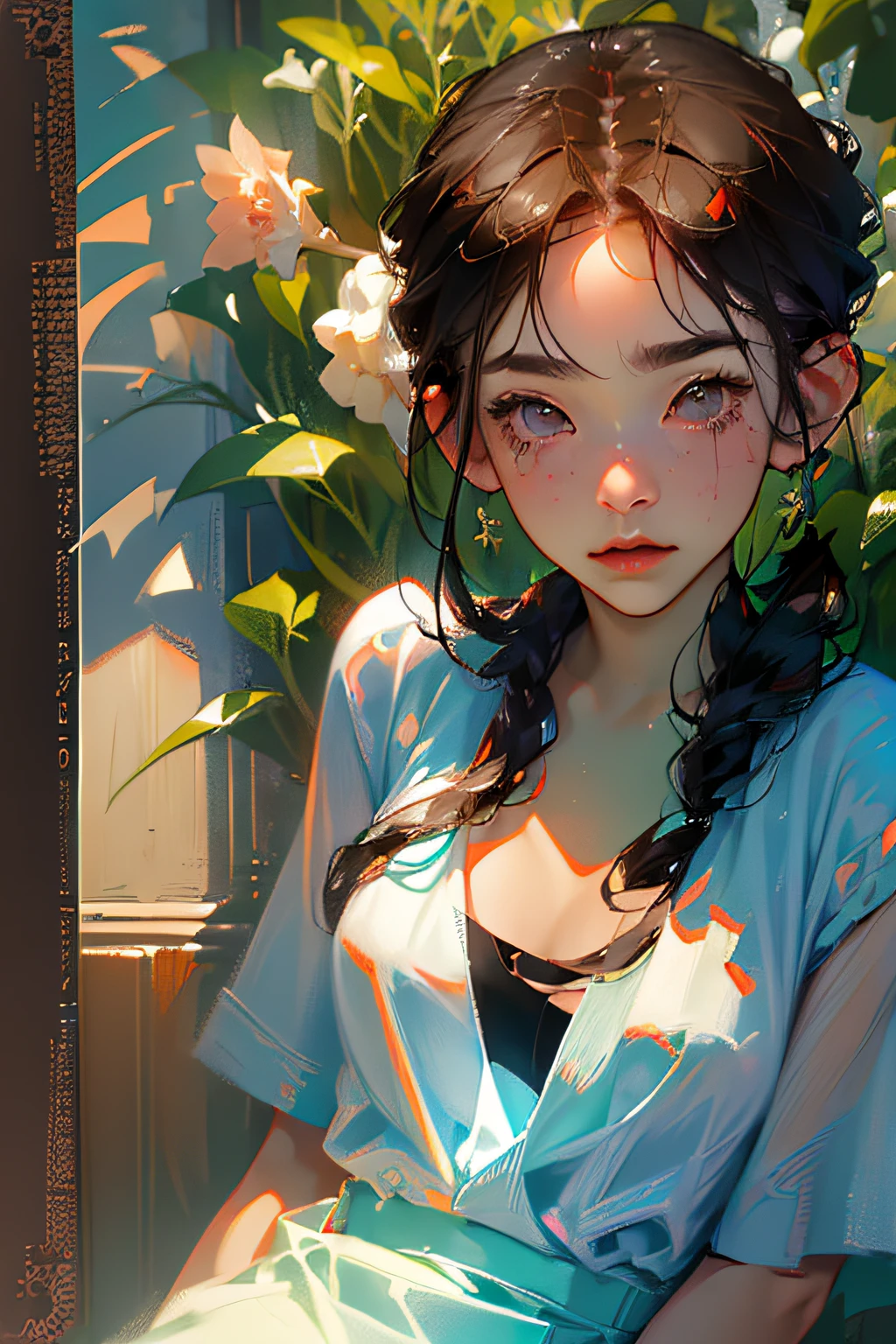 (high resolution, high illumination, 4K), blue frame glasses, long face, 1 girl, face, detailed face, blue eyes, garden, very short hair, she has a butterfly on her head, close up face, noon sun, smile, :), looking at the audience, close up - intensity, blue dress, eyes half closed,