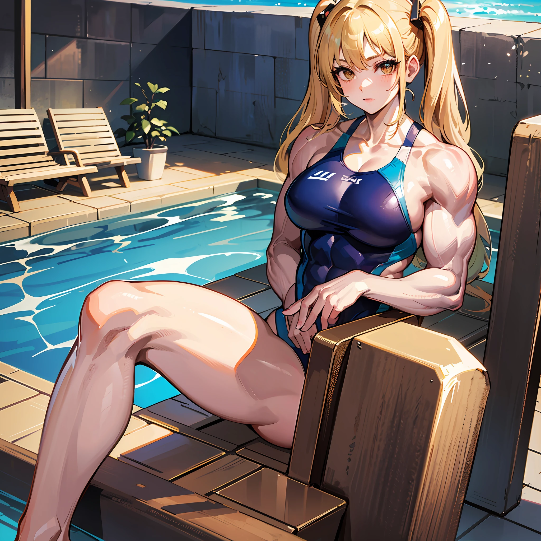 ((masterpiece))、((Top image quality))、((Top image quality))、(Illustration of one woman)、(((Muscle Girl)))、full bodyesbian、((30-years old))、((neuter))、((Blonde twintails))、Light golden eyes、((Long body))、(((Muscular and strong body)))、(((Muscular and strong body)))、((Split abs))、(((muscular and thick arms)))、(((muscular and thick legs)))、((manspreading))、opening legs、((Competitive swimsuit))、Sitting on a deck chair、in poolside