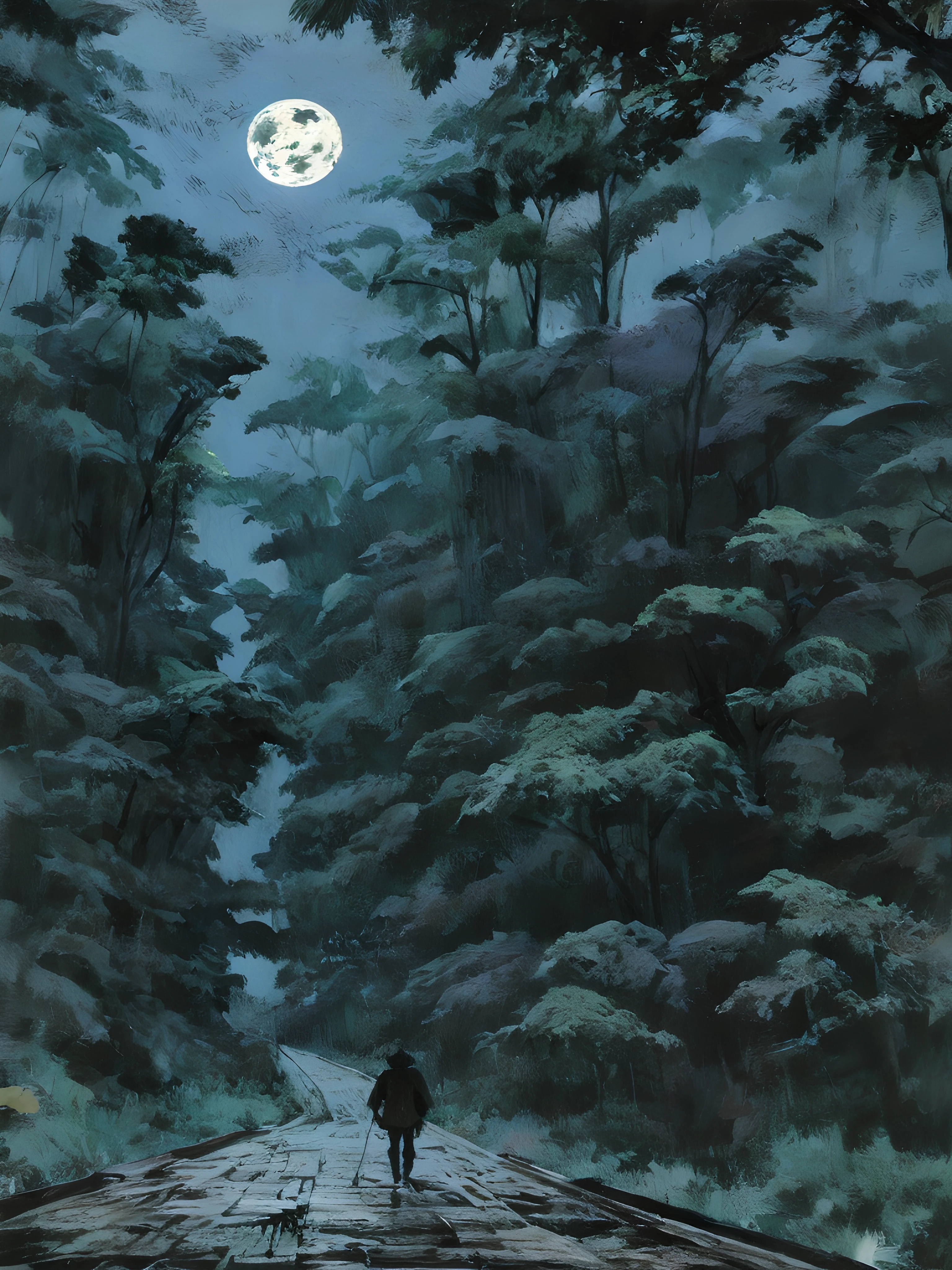 (((paisaje))) Luz de Luna (((Noche espeluznante, niebla)))(((blue cool tones))), aceites, detallado e intrincado, of a dense jungle filled with exotic plants, Luz de Luna, (((Noche espeluznante, niebla))). Al estilo de Yoshitaka Amano y Hayao Miyazaki, obra maestra, proporcionado, detallado, tendencias en Artstation, beautiful lighting, realista, intrincado, galardonado, 4k, Highest Quality Award-Winning, Pintura digital 4K al estilo de Yoshitaka Amano. Detailed and intricate depiction of a zombie apocalypse, capturando magistralmente el caos y el drama de la escena. The beautiful lighting and cinematographic composition make this piece a true masterpiece.