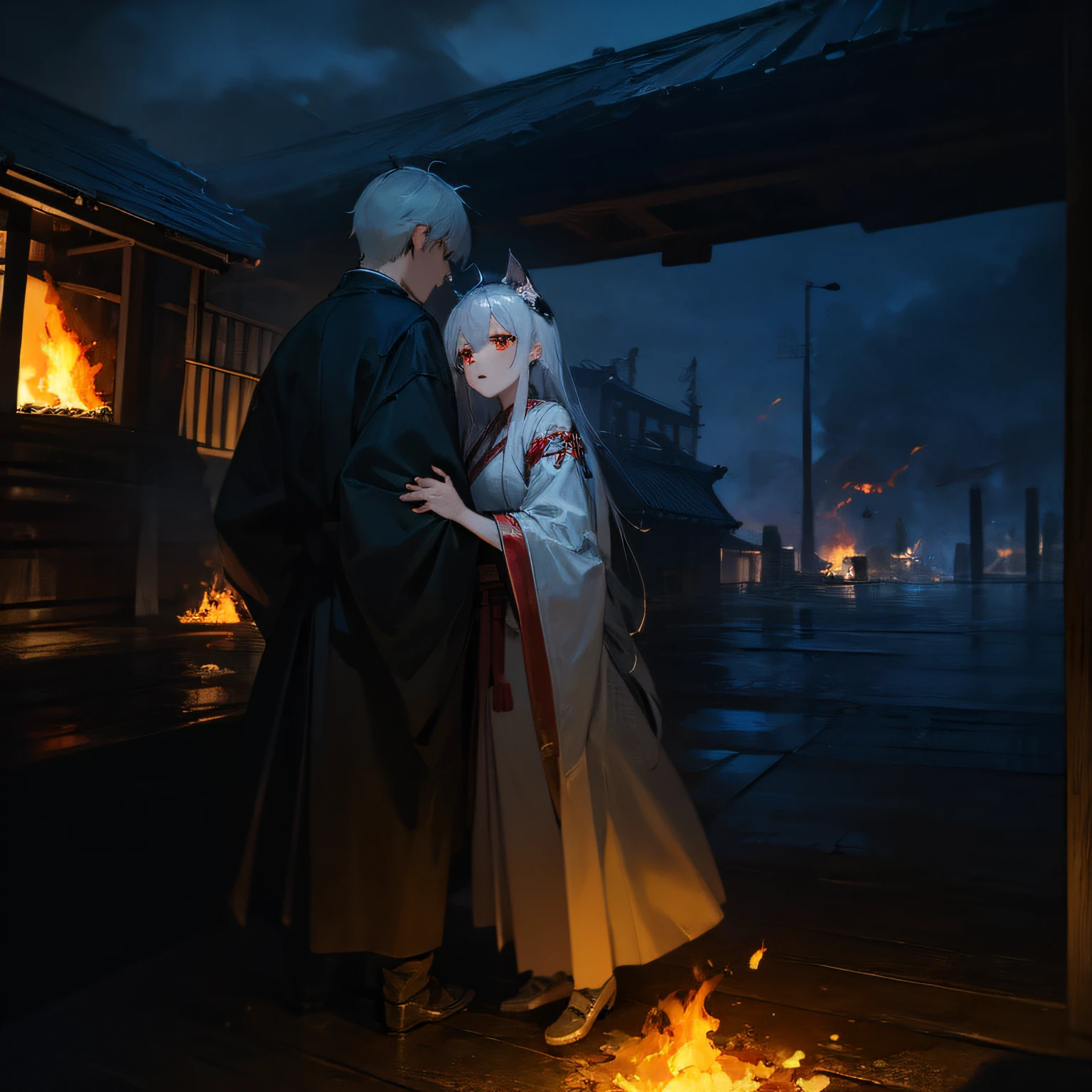 Extremely detailed CG,The picture is highly restored,Best Picture Quality,Extreme light and shadow,The turn of the two siblings leaned on each other,Dressed in gorgeous Hanfu, Long silver-white hair flutters in the wind, The orange-red eyes revealed determination,Fire broke out in the surrounding wooden buildings,Cat-eared patrols around vigilantly,There was flames everywhere,The scene is dimly lit,Very ambitious。