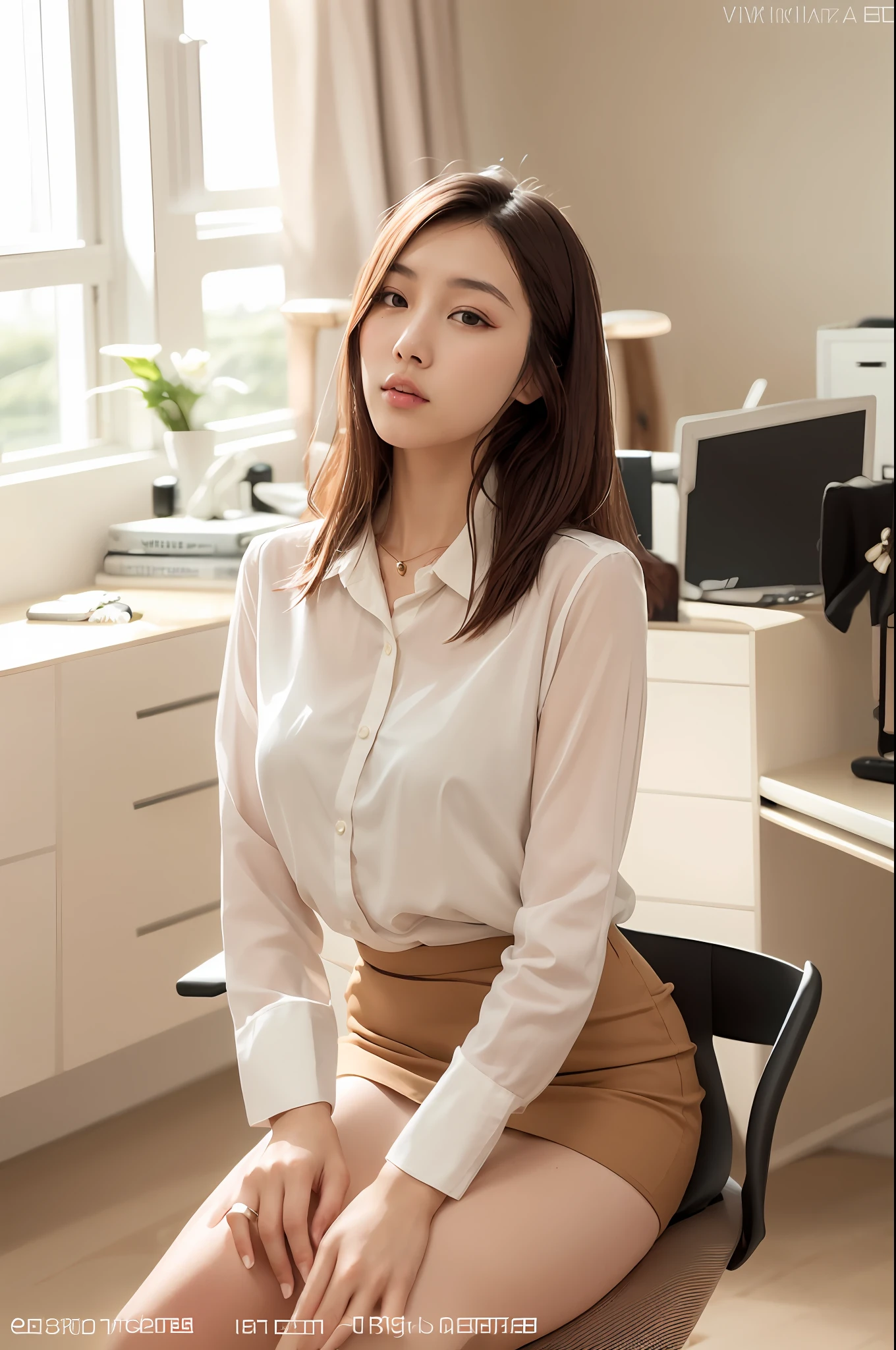 Allafard Asian woman sitting in chair in office, elegant slim beige shirt, korean women's fashion model, wearing shirt, office clothes, cream colored blouse, beautiful Korean women, Gorgeous young Korean woman, Korean girl, sakimichan, Korean woman, sakimichan hdri, wearing shirt, xintong chen, Beautiful young Korean woman