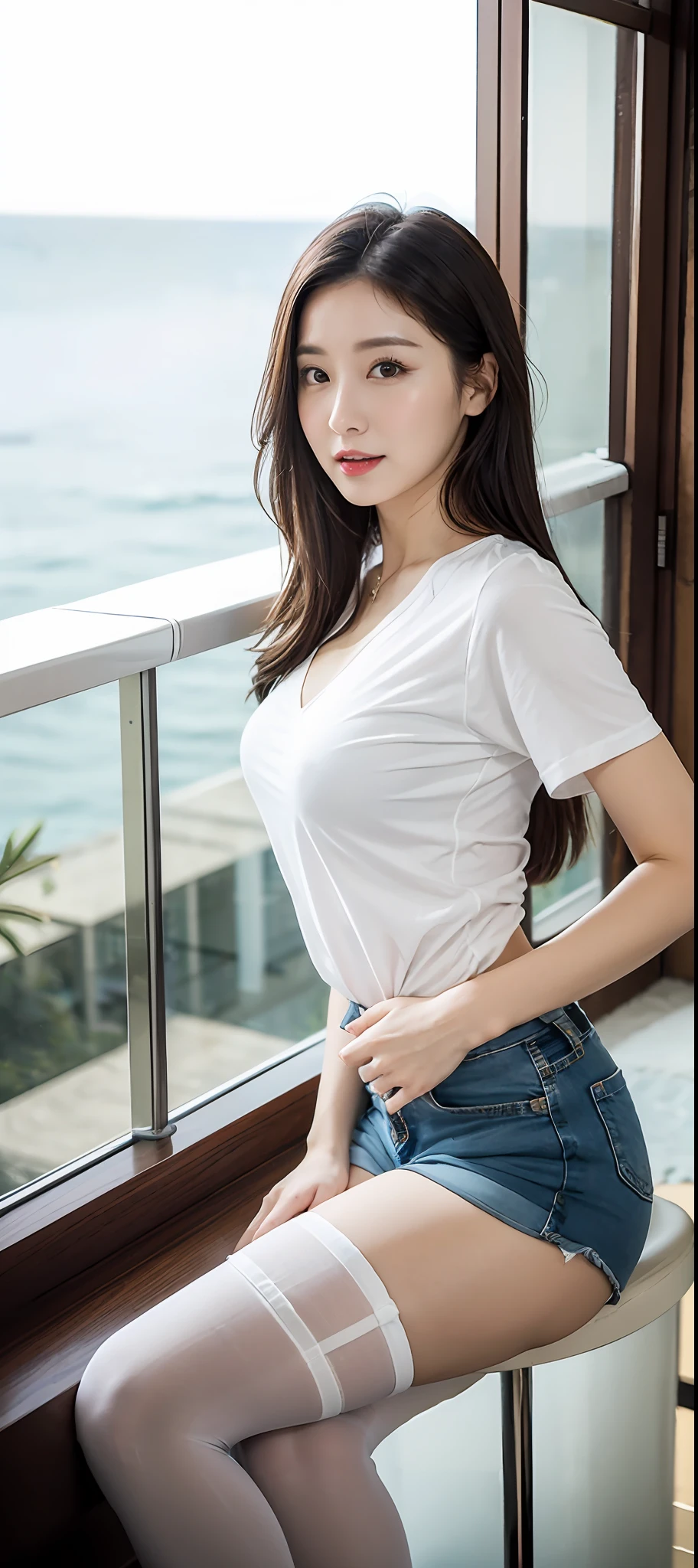 Balcony by the sea，goddes，White complexion，White men's shirt，Smooth black stockings，Loose-fit denim shorts，full bodyesbian，Larger chest，Slim figure，Real Human，The beautiful,，Provocative action，mischievous expression，Sit cross-legged on the bed