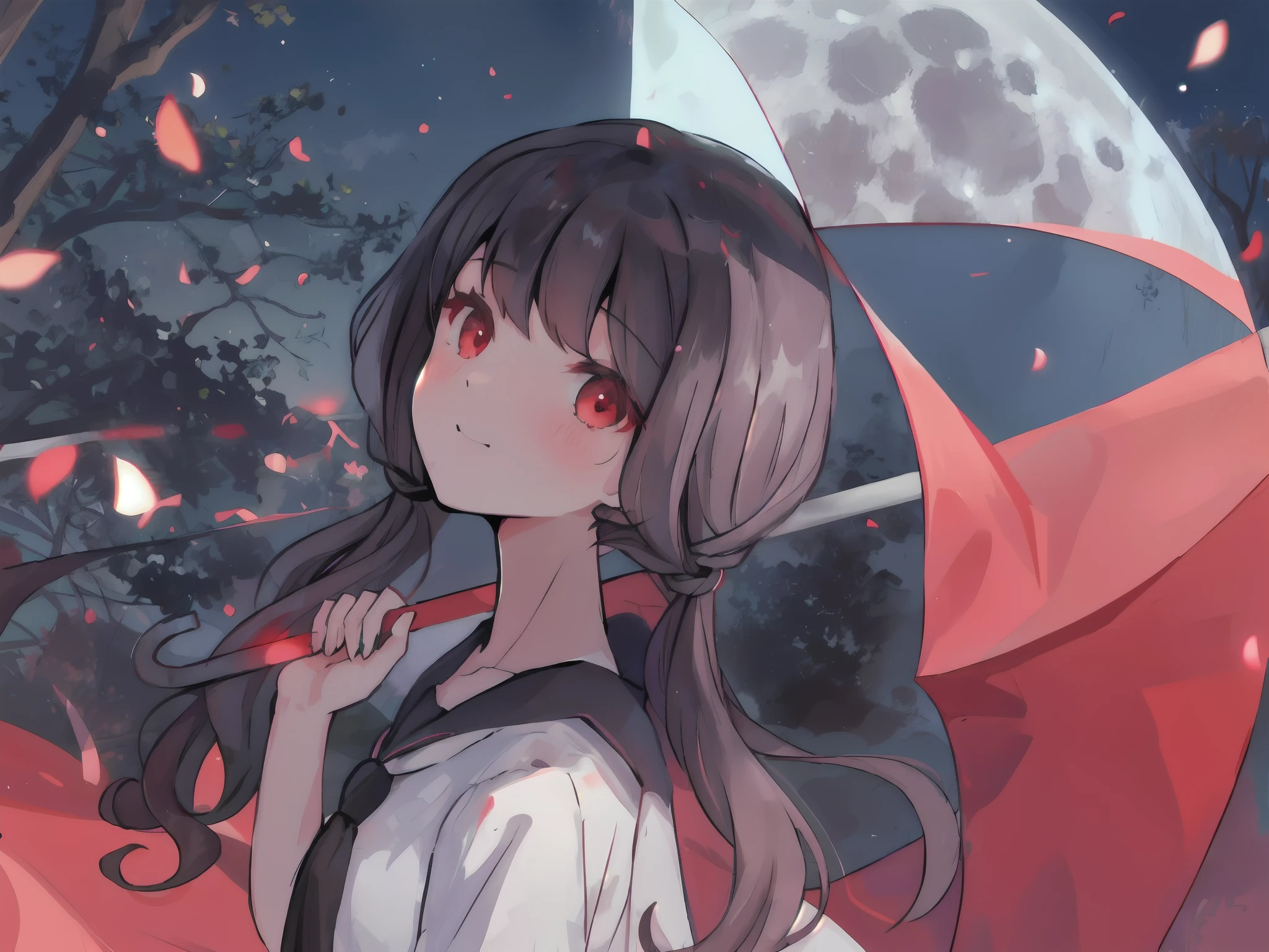 black hair color, high quality, anime girl, red eyes, laughing, blush, seductive eyes, school uniform, outdoor, moon, moonlight, cinematic lighting, good shadow and light composition