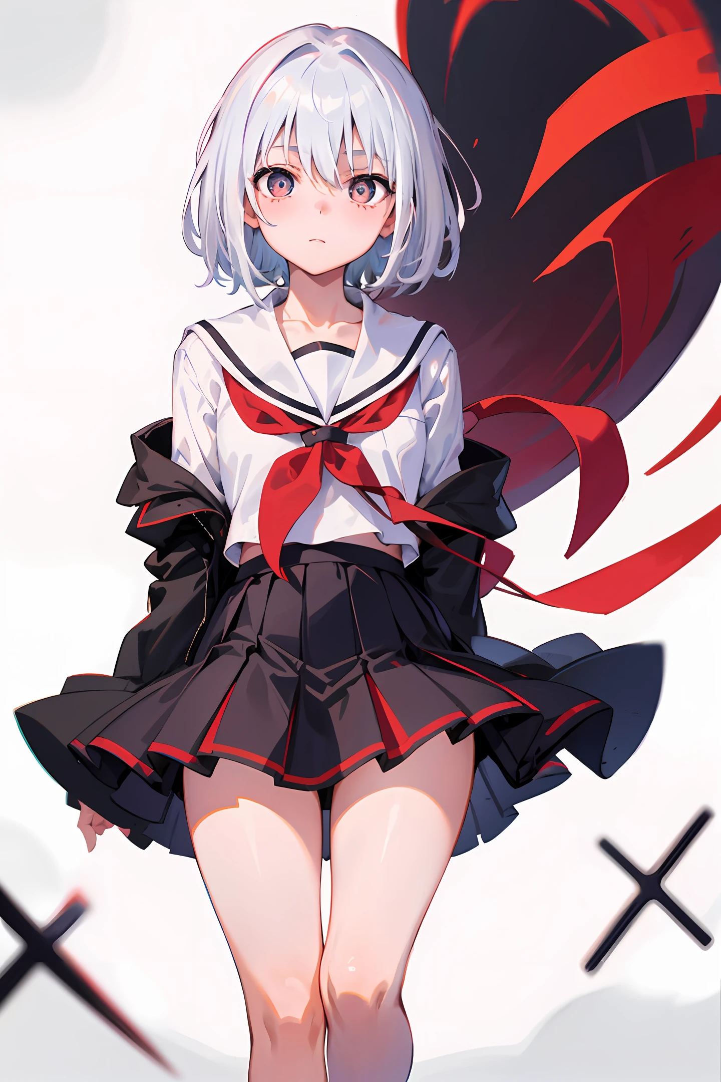 Beautiful girl with white hair，short detailed hair，Eyes，A shy look，Redness of the face，JK school uniform，Looking at you curiously，Cut the top and clamp the legs