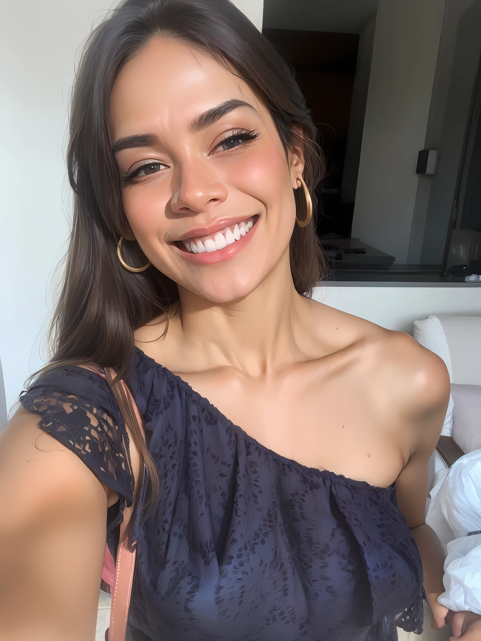 mulher sorridente em um vestido azul segurando uma bolsa rosa e uma bolsa rosa, Alanis Guillen, foto de perfil headshot, lindo rosto latino, Parece Fabiula Nascimento, imagem de qualidade muito baixa, Malika Favre, Mulher de 30 anos, 3 0 anos de idade mulher, Parece Laura Barriales, bonito e sorridente, selfie de uma jovem mulher