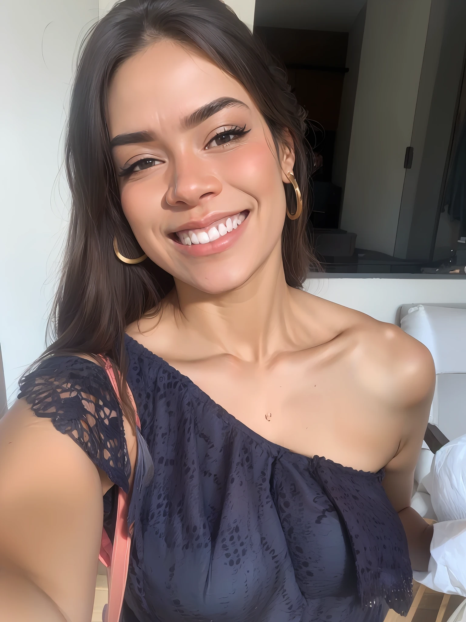 mulher sorridente em um vestido azul segurando uma bolsa rosa e uma bolsa rosa, Alanis Guillen, foto de perfil headshot, lindo rosto latino, Parece Fabiula Nascimento, imagem de qualidade muito baixa, Malika Favre, Mulher de 30 anos, 3 0 anos de idade mulher, Parece Laura Barriales, bonito e sorridente, selfie de uma jovem mulher