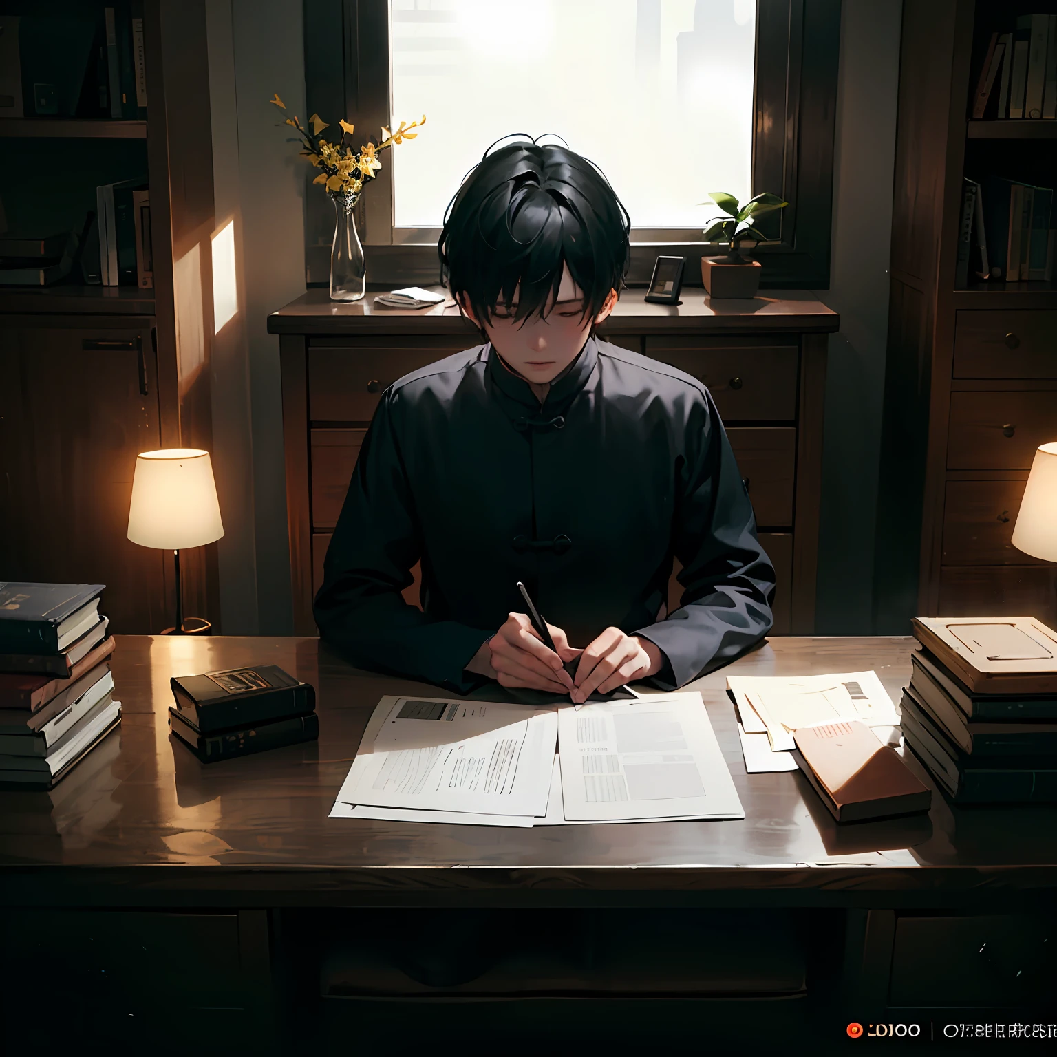 (2K,best qualtiy,tmasterpiece:1.2),male people,work table,short detailed hair,Slightly fat,strong,using a laptop,Black and white tones,Chinese word --auto