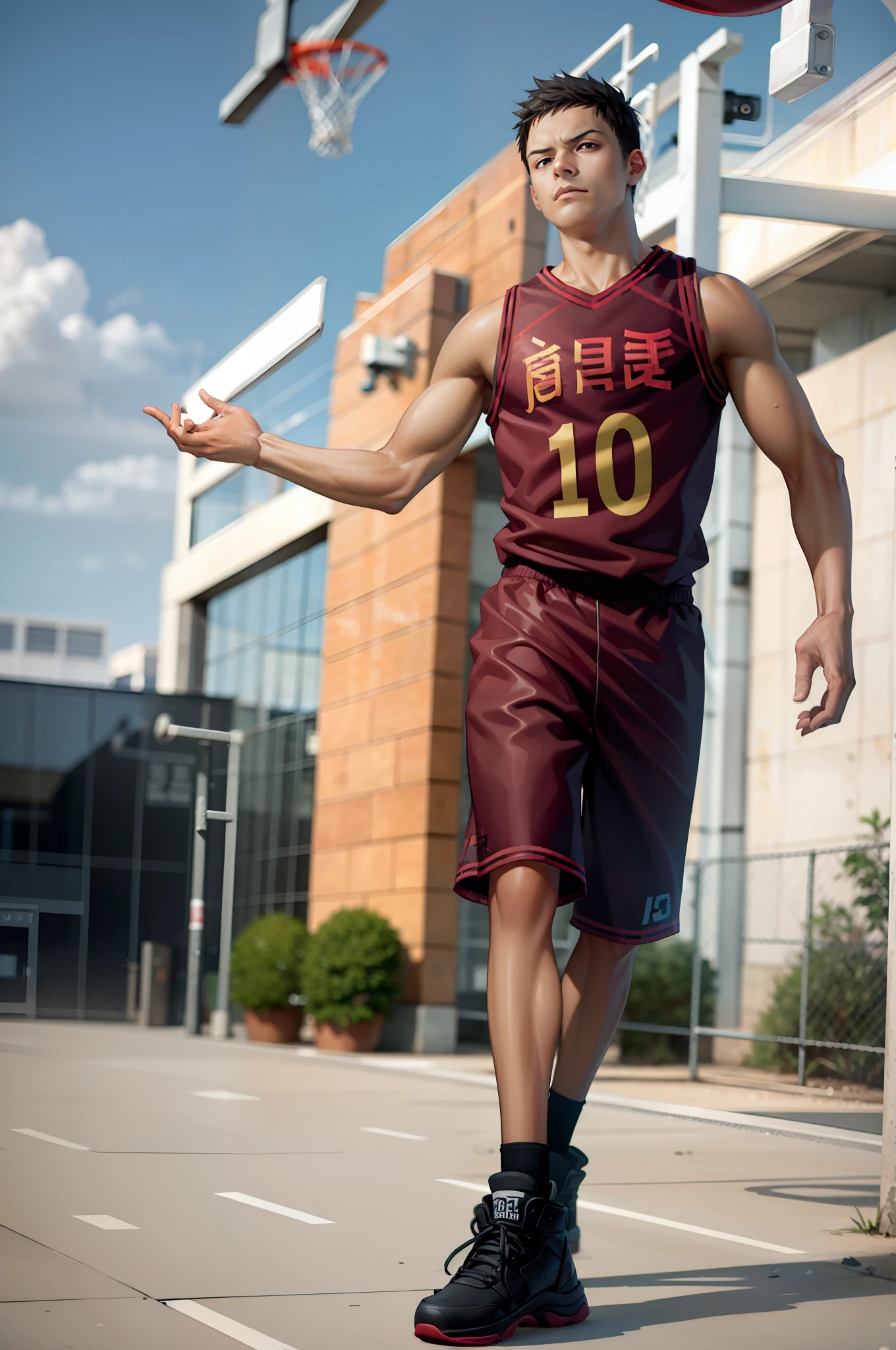 (tmasterpiece,best qualtiy:1.2),seen from the front,独奏,malefocus,1boy,musculous,(Red basketball system),White number 10,White Xiangbei,(basketball playground),(1 basketball hoop:1.2),school ground,(1 basketball),No-sleeves tank top,serious-expression,