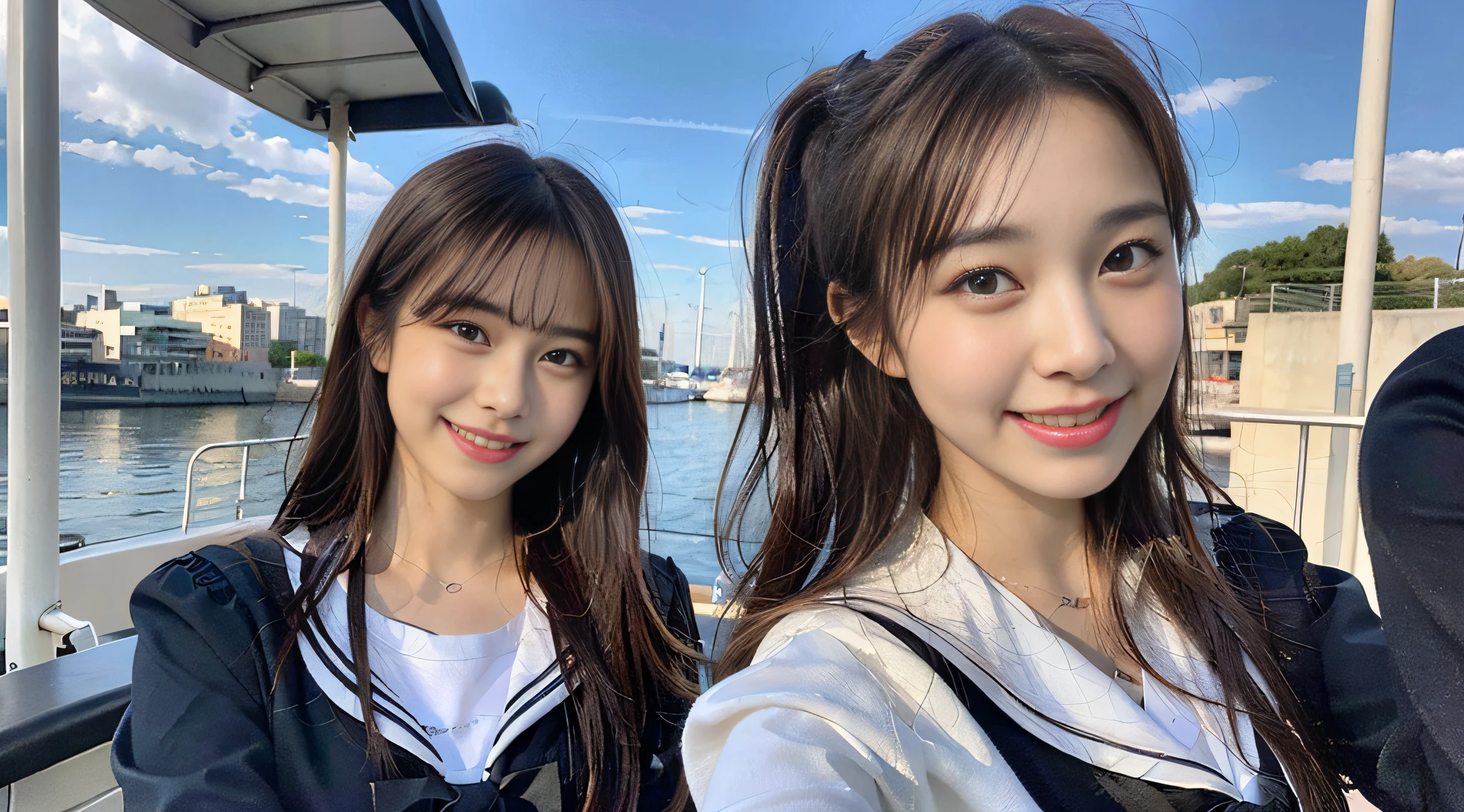 (8K、Raw photography、top-quality、masterpiece:1.2)、ultra-detailliert、ultra res、(realisitic、Real Photographics:1.47)、(I enjoy fishing out to sea by boat)Above the sea、High school girl with fishing rod、Fishing、fishing rod、Full of heart、Heart pattern(Fantastic lighting)head to waist、、de pele branca、Fair-skinned female proofreading、An ultra-high picture quality、、Beautiful female proofreading reflecting in light、amazing detailed、Beautiful girls in very detailed、Faces with different patterns、Different face patterns、Each hairstyle has its own characteristics、Farbe々Hairstyle、Farbe々Hair color shining with clean light、I enjoy fishing on a boat、Brown hair shining in the light、One has a ponytail、、Modern cute high school girl、very detailed faces very detailed eyes、Very realistic skin、 extremely detailed fingers, highly detailed nose, highly detail mouth, perfect anatomia, Highly detailed sailor suit、、The details of their hair and uniforms shine through、Burning teeth and smiling、Realistic body, de pele branca, glistning skin, Slim body, Long straight hair, (Blunt bangs:1.2), , nixeu and sakimichan, TWICE, Seifuku, sakimichan, JK Uniform, wearing japanese school uniform, promo still, Larisa Manobal, Japan school uniform, japanese girl school uniform, alena aenami and lilia alvarado