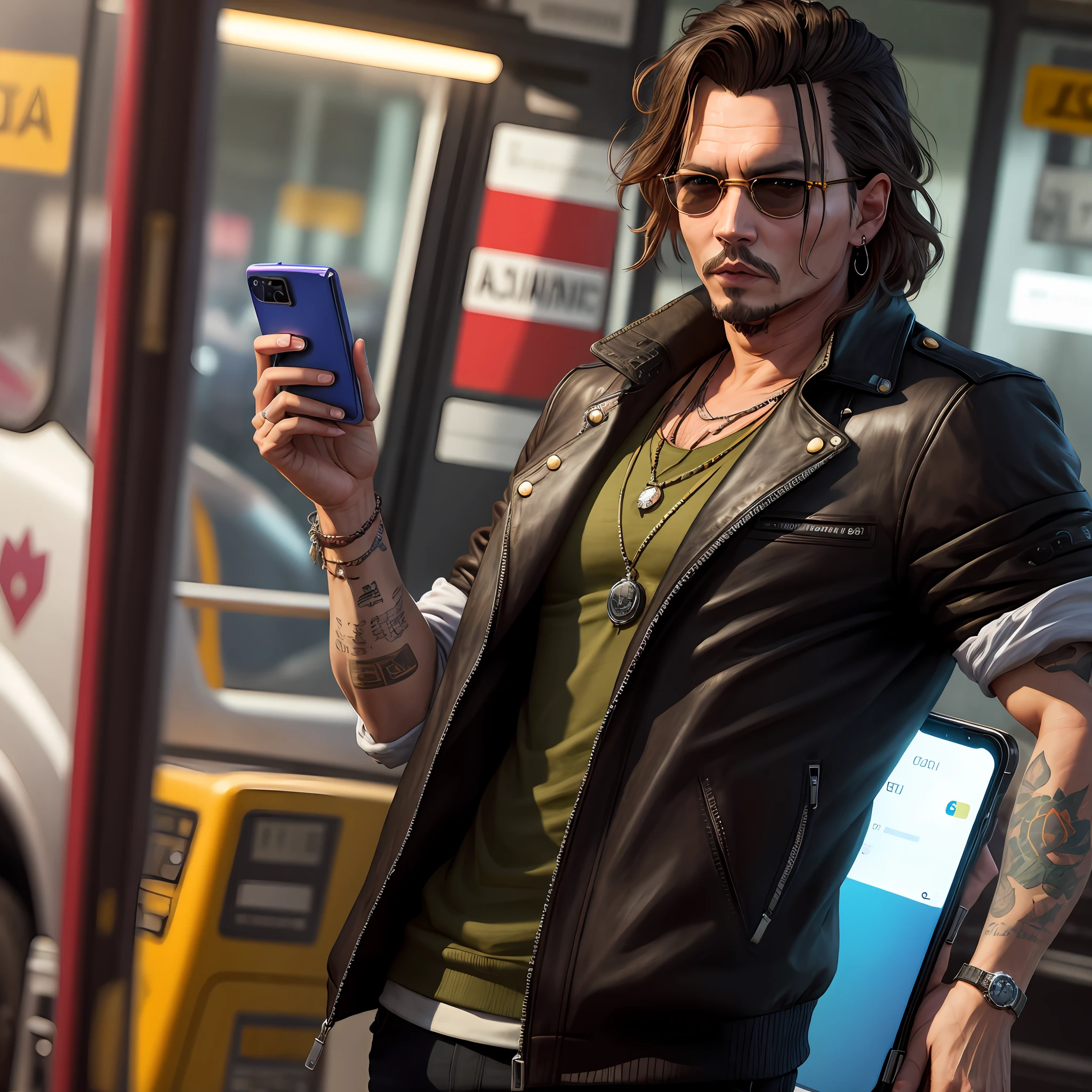 gta v style of Johnny Depp looking at the camera holding a cell phone