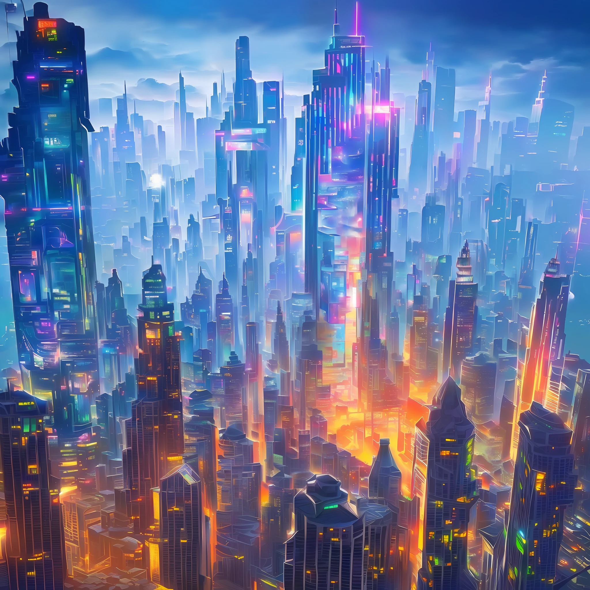 City skyline view with lake and park, illustration by Cha Shibiao, shutterstock, Art Nouveau, Shenzhen, Shenzhen, Shenzhen. Guangjian, the ultra-wide view of the urban landscape, the sci-fi buildings that break through the imagination, all buildings have a sense of technology and are full of technology. A sci-fi blockbuster with a sense of sight. There are flying saucers and spaceships looming in the sky. Architecture combined with lighting. Neon building. Beautiful city of the future, beautiful cityscape, tech city background, Hou porcelain, with a city in the background. Inspired by Makoto Shinkai's popular concept art and masterpieces on pixiv, vision (wide angle lens), super high resolution (fidelity: 1.4), super high quality, extremely detailed CG Unity 8k wallpapers, aesthetics, award winning photography, real High Detail, Detail Enhancement, Blur Removal, Intricacy, Traveling Art. Visually stunning. Beautiful future city, beautiful city, dream land of Chinese people, pexels, blue hour photography, Chinese dreamland, spectacular clouds, fantasy clouds. --auto