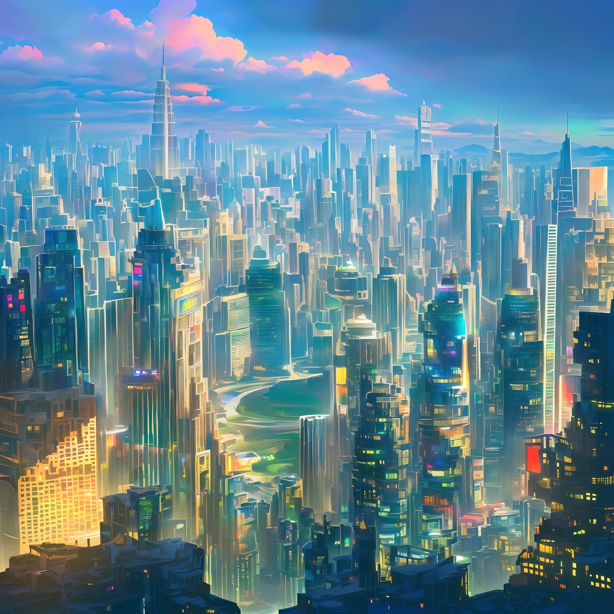 City skyline view with lake and park, illustration by Cha Shibiao, shutterstock, Art Nouveau, Shenzhen, Shenzhen, Shenzhen. Guangjian, the ultra-wide view of the urban landscape, the sci-fi buildings that break through the imagination, all buildings have a sense of technology and are full of technology. A sci-fi blockbuster with a sense of sight. There are flying saucers and spaceships looming in the sky. Architecture combined with lighting. Neon building. Beautiful city of the future, beautiful cityscape, tech city background, Hou porcelain, with a city in the background. Inspired by Makoto Shinkai's popular concept art and masterpieces on pixiv, vision (wide angle lens), super high resolution (fidelity: 1.4), super high quality, extremely detailed CG Unity 8k wallpapers, aesthetics, award winning photography, real High Detail, Detail Enhancement, Blur Removal, Intricacy, Traveling Art. Visually stunning. Beautiful future city, beautiful city, dream land of Chinese people, pexels, blue hour photography, Chinese dreamland, spectacular clouds, fantasy clouds. --auto