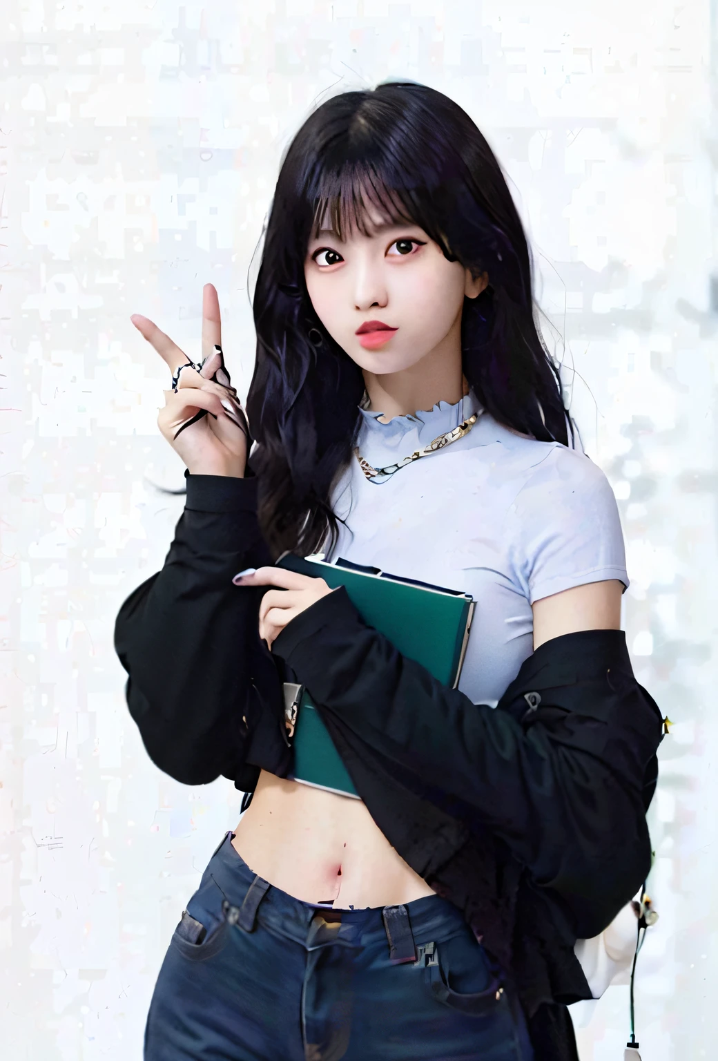 A woman in Araved holds a book and a cell phone as a peace sign, jaeyeon nam, Shin Jinying, park jimin, full-body xianxia, with index finger, Kim Do-young, Choi Hyun-hwa, ulzzangs, Lee Ji-eun, lee ji eun, hwang se - on, render of april, ji-min