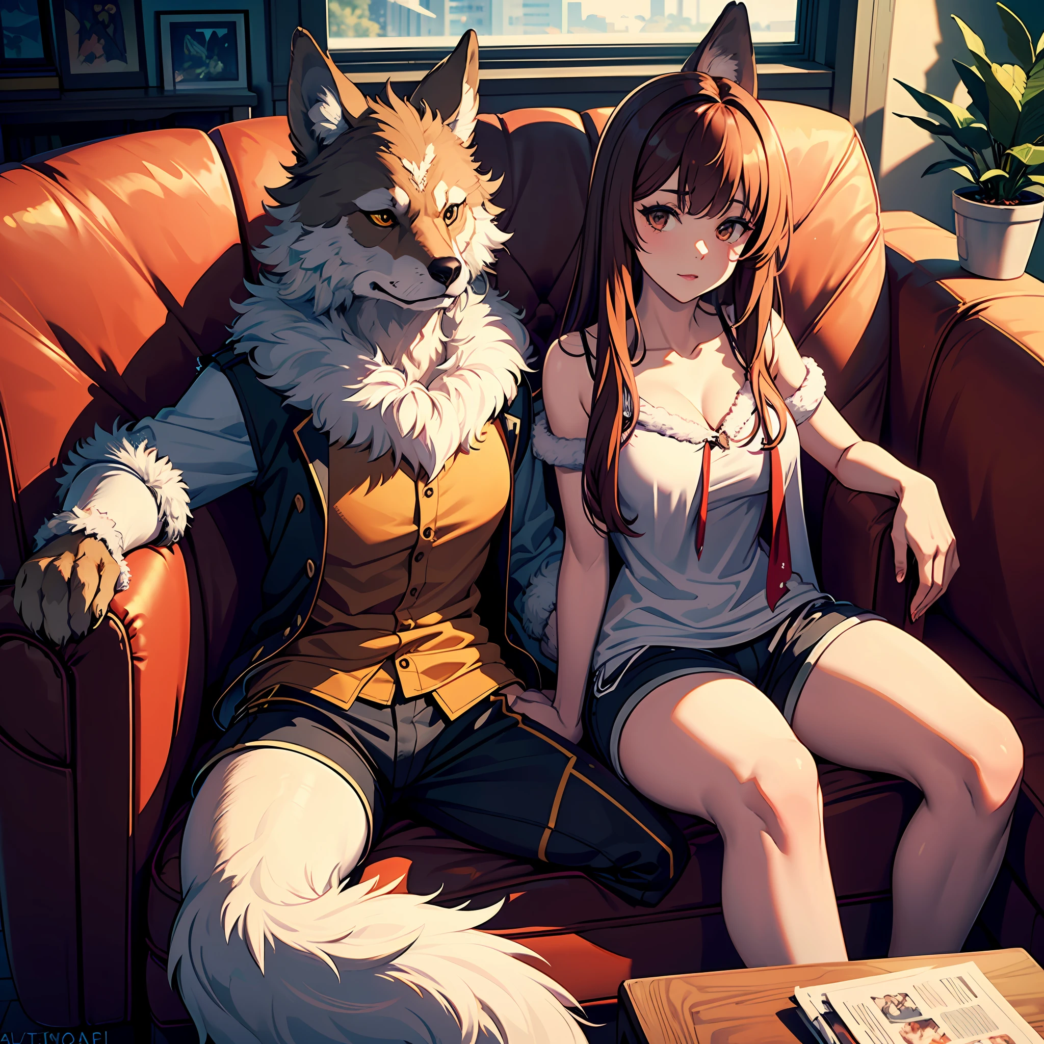 (coyote,hairy pubic,anthropomorphic turtle),male people,sitting in the couch,Inside the,liveroom,is wearing a shorts,in blouse wearing,furry art,There is fur on the arms,large tail,There is fur on the legs,(Fur covers the whole body,The best quality,Like a human figure) --auto